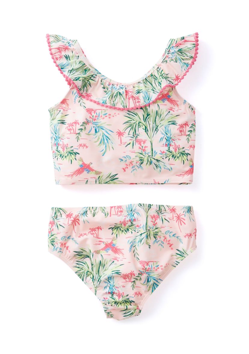 Girls 7-16 2-Piece Ruffle V-Neck Swimsuit
