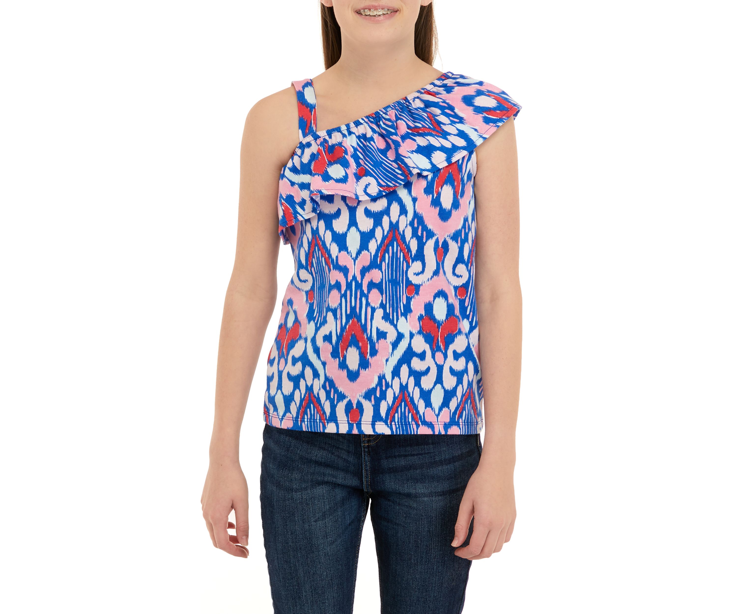 Girls 7-16 One Shoulder Flounce Printed Tank Top