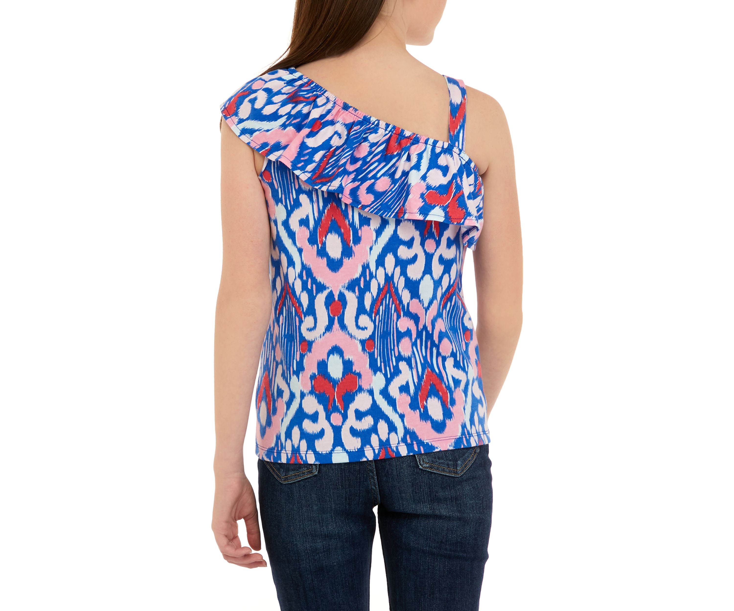 Girls 7-16 One Shoulder Flounce Printed Tank Top