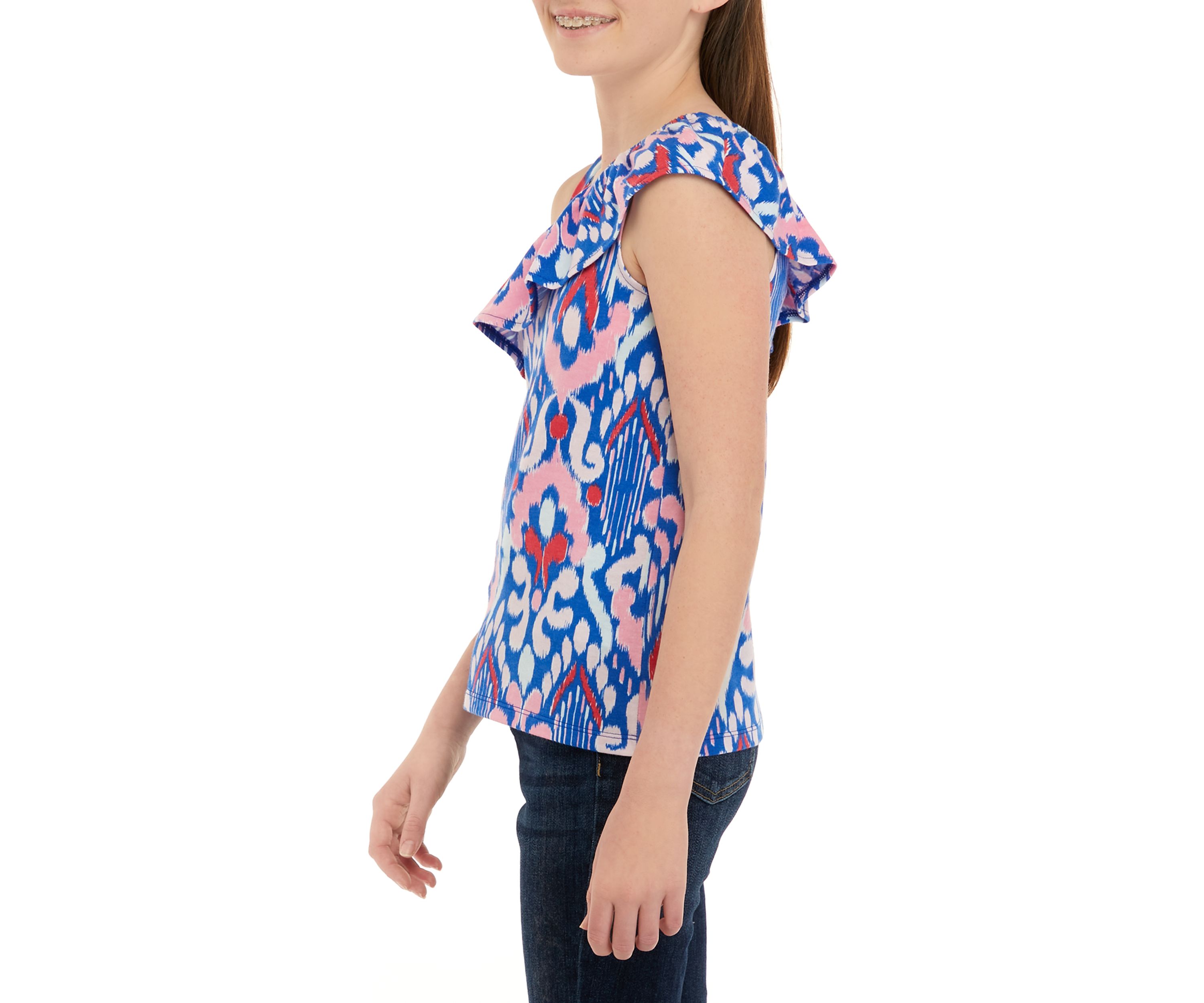 Girls 7-16 One Shoulder Flounce Printed Tank Top