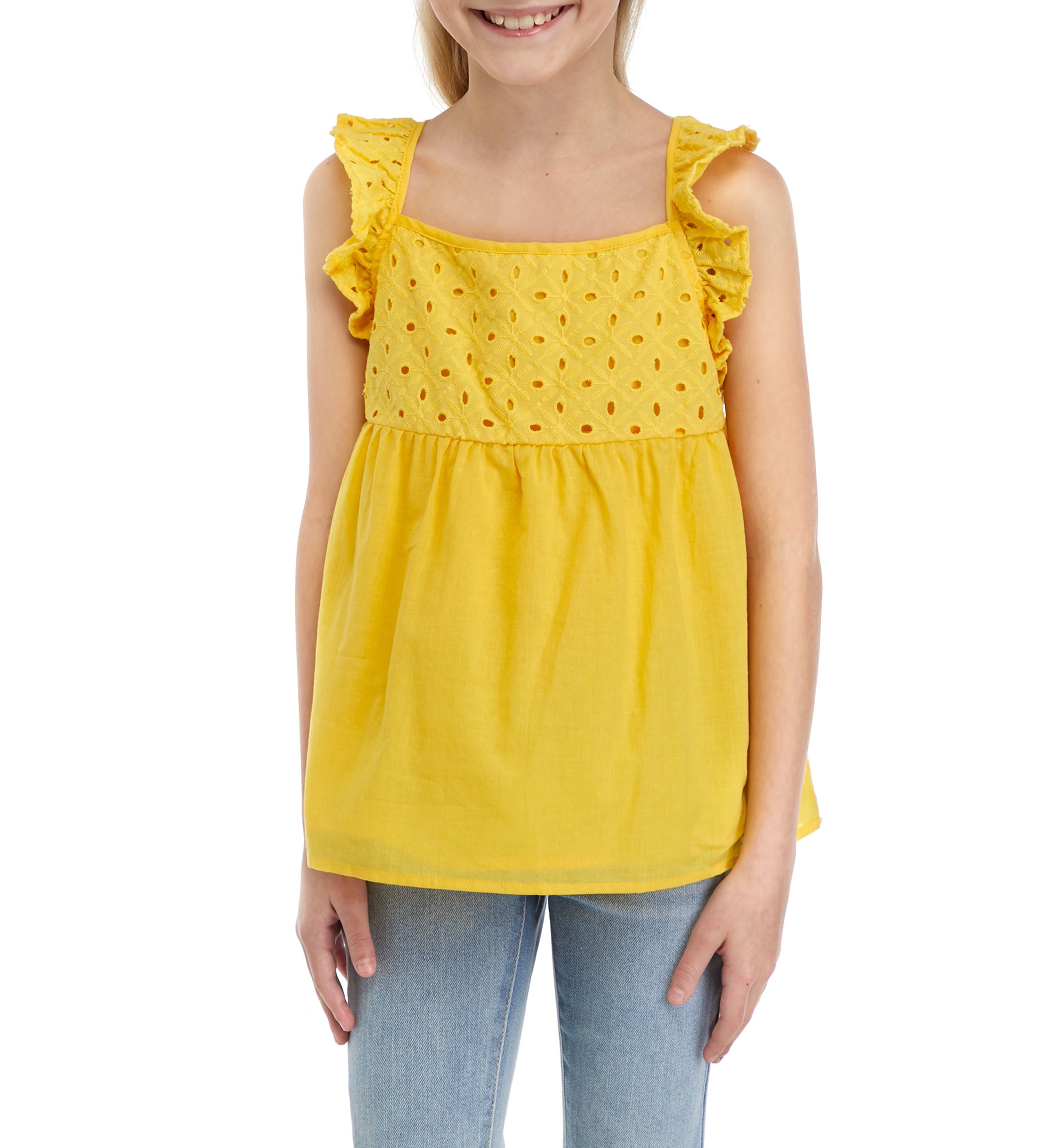 Girls 7-16 Woven Eyelet Flutter Sleeve Tank Top