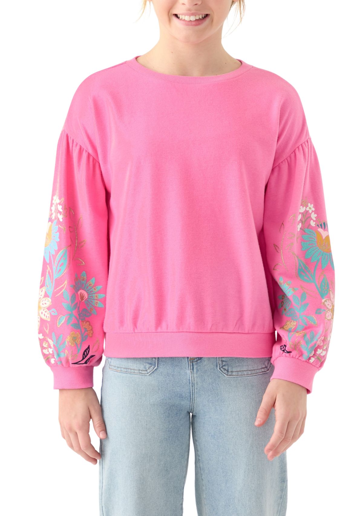 Girls 7-16 Flower Puff Sleeve Sweatshirt 