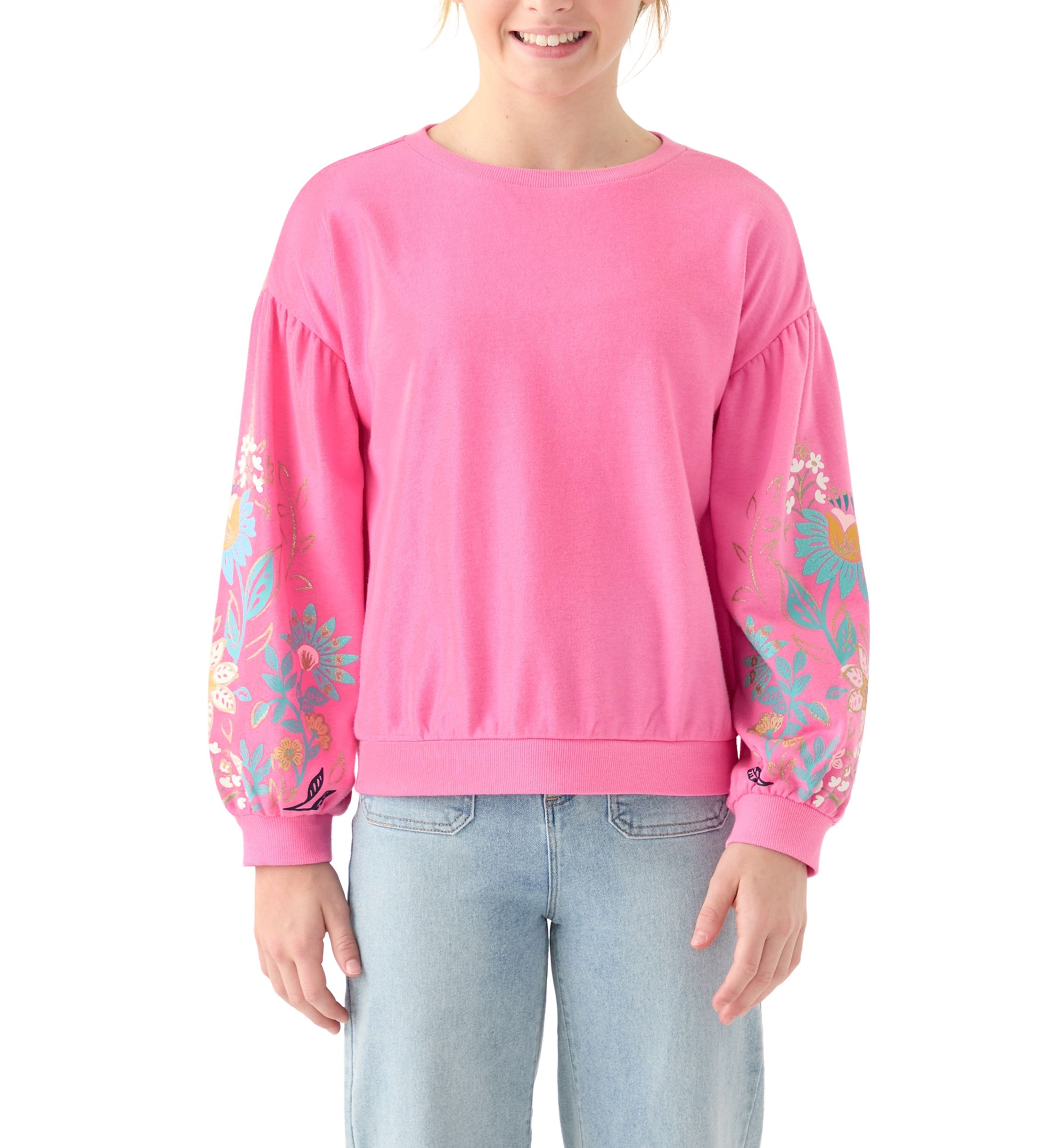Girls 7-16 Flower Puff Sleeve Sweatshirt 
