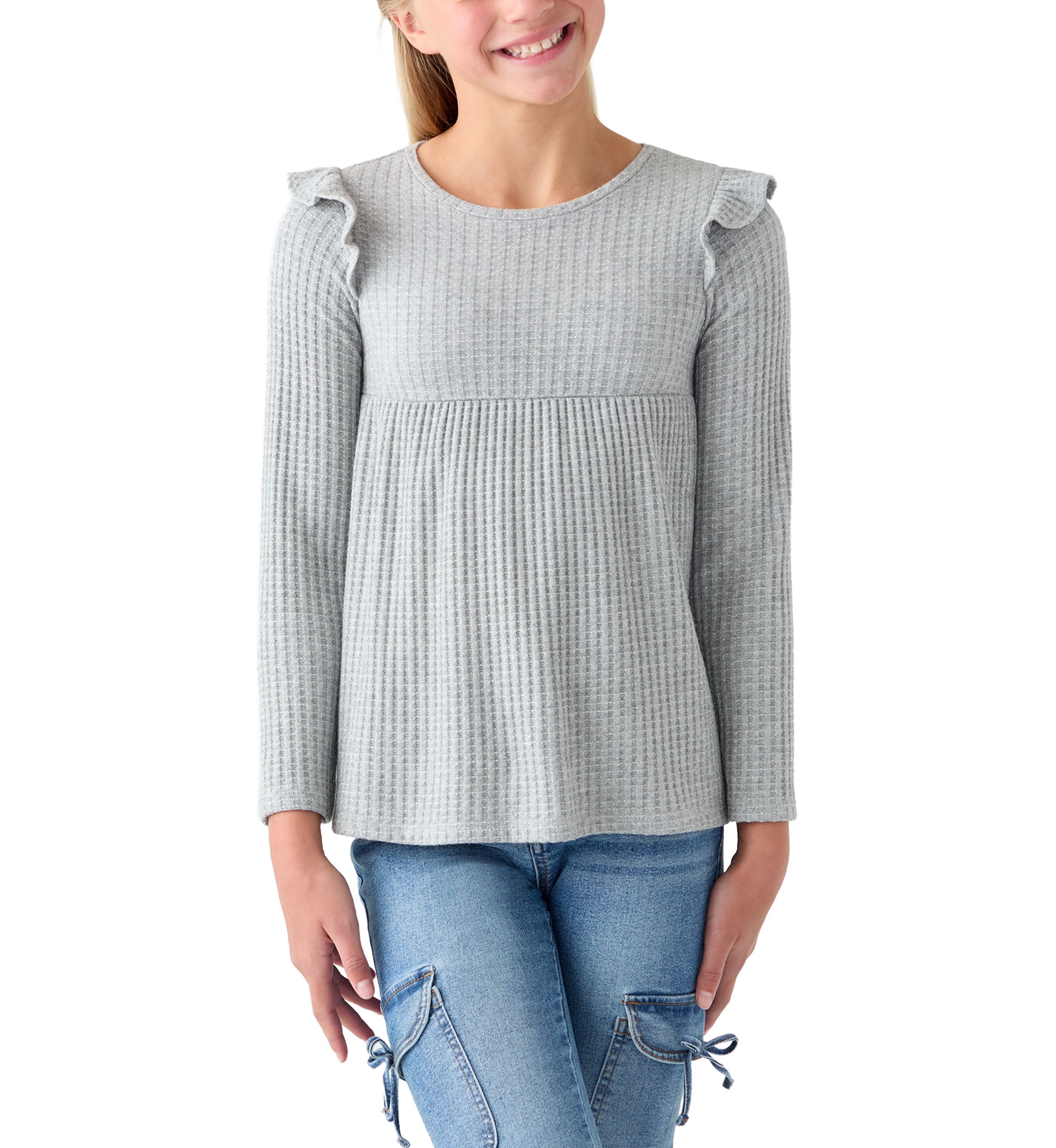 Girls 7-16 Long Sleeve Waffle T-Shirt with Ruffle Shoulders 