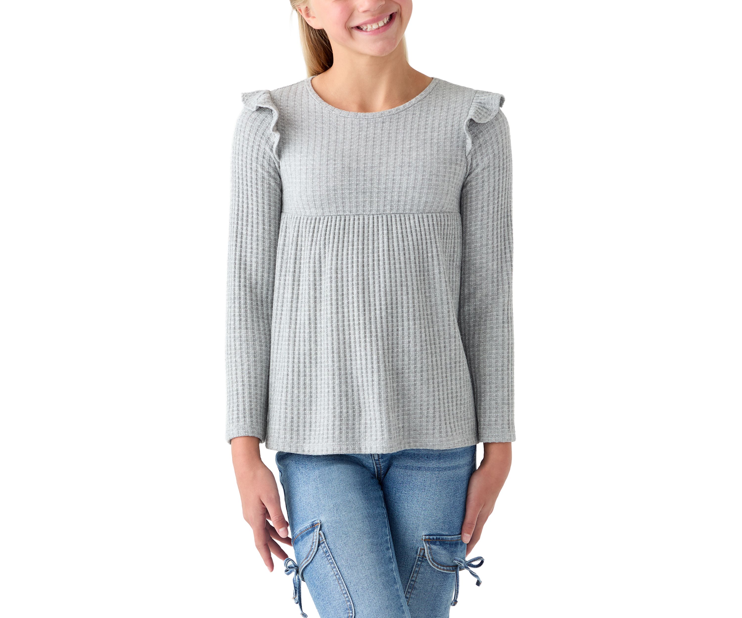 Girls 7-16 Long Sleeve Waffle T-Shirt with Ruffle Shoulders 