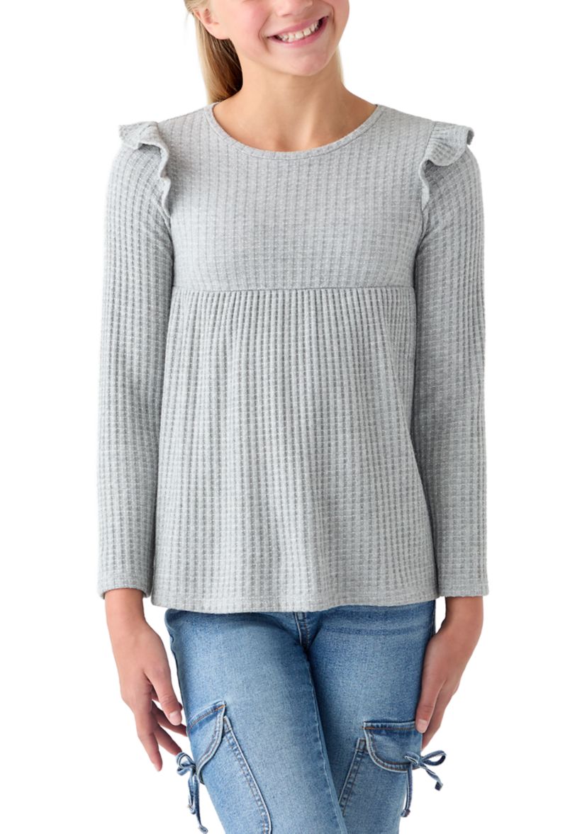 Girls 7-16 Long Sleeve Waffle T-Shirt with Ruffle Shoulders 