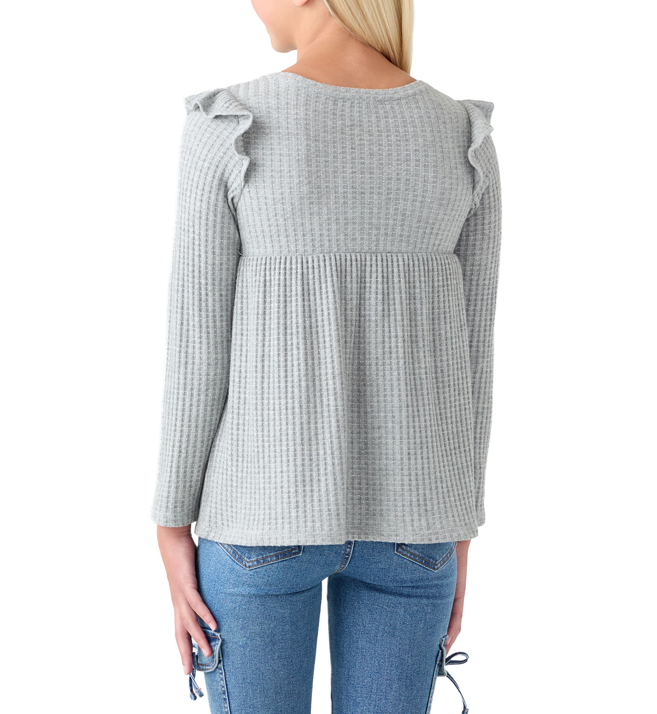 Girls 7-16 Long Sleeve Waffle T-Shirt with Ruffle Shoulders 