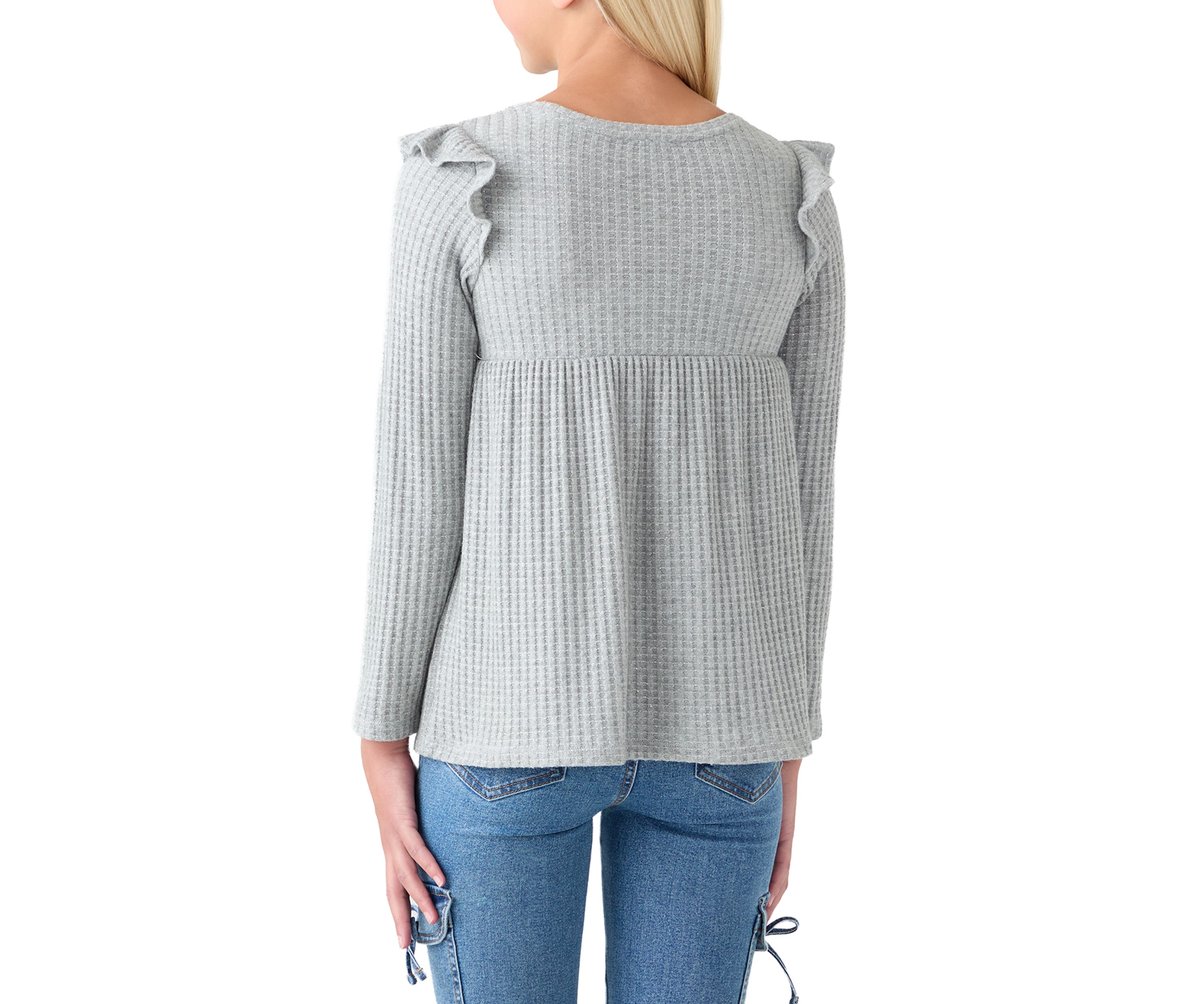 Girls 7-16 Long Sleeve Waffle T-Shirt with Ruffle Shoulders 