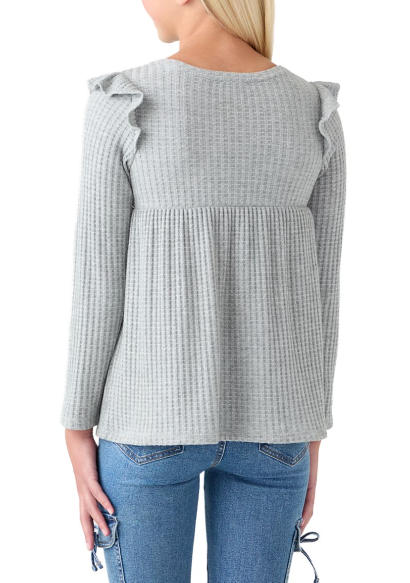 Girls 7-16 Long Sleeve Waffle T-Shirt with Ruffle Shoulders 