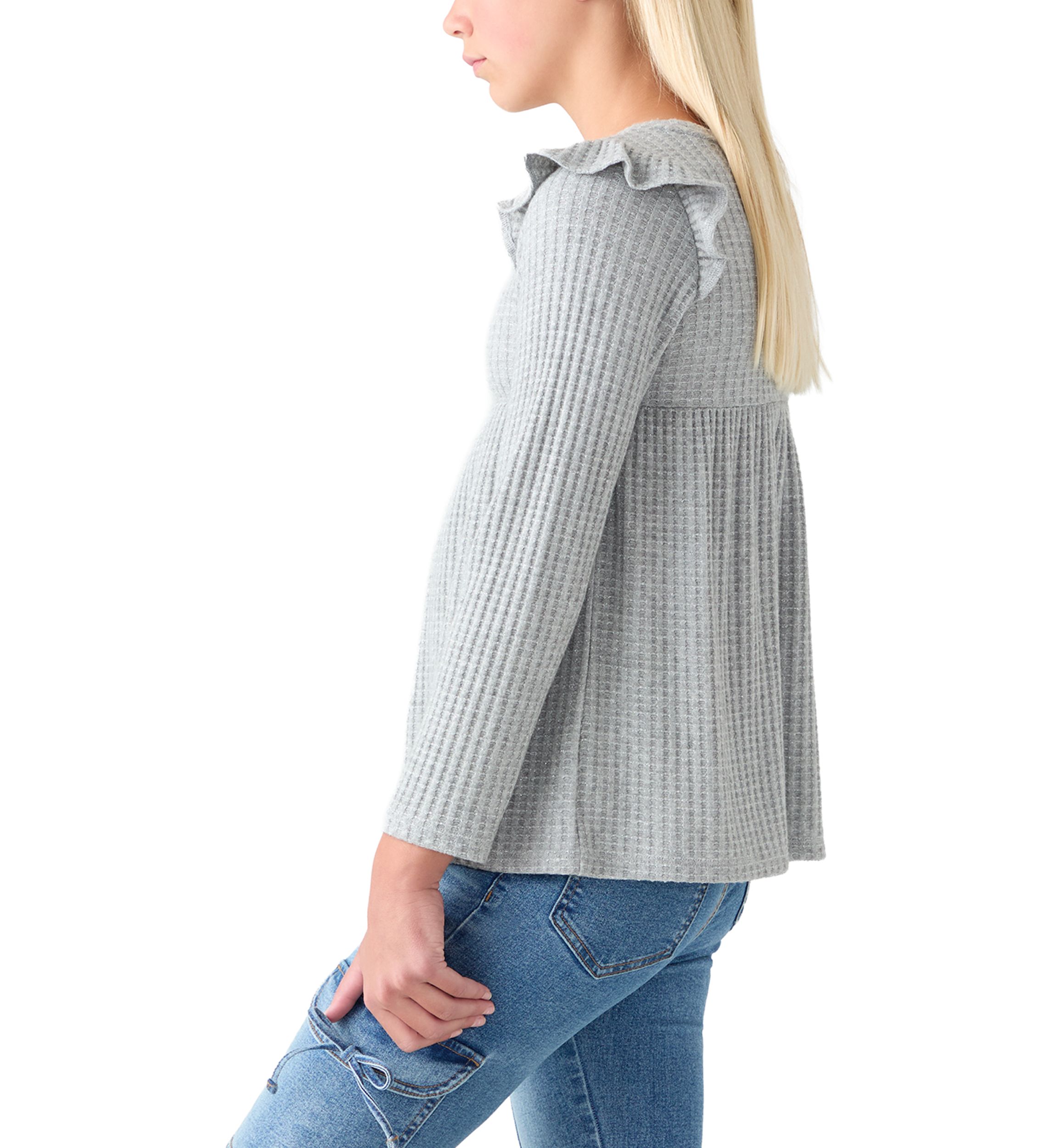 Girls 7-16 Long Sleeve Waffle T-Shirt with Ruffle Shoulders 