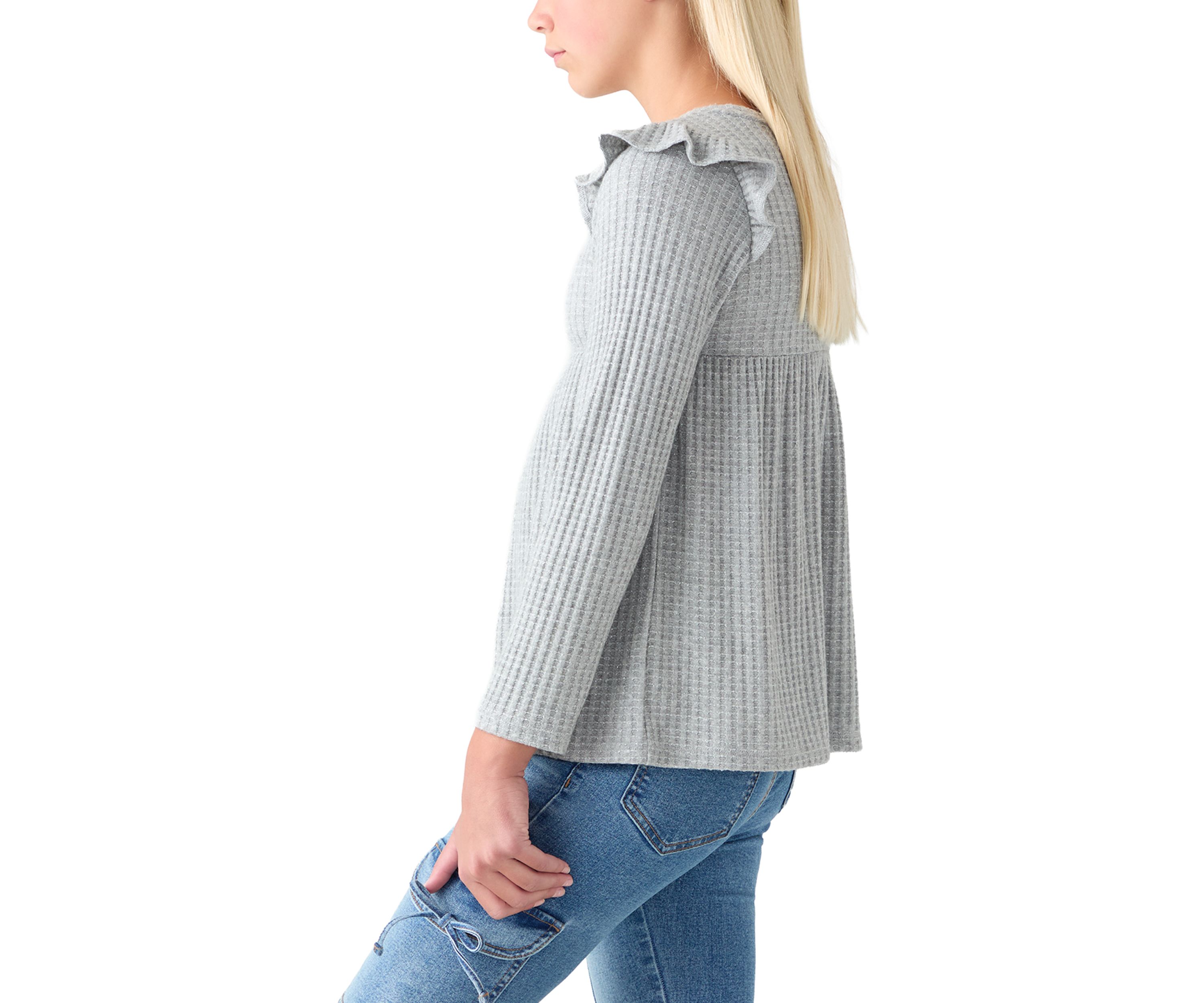 Girls 7-16 Long Sleeve Waffle T-Shirt with Ruffle Shoulders 