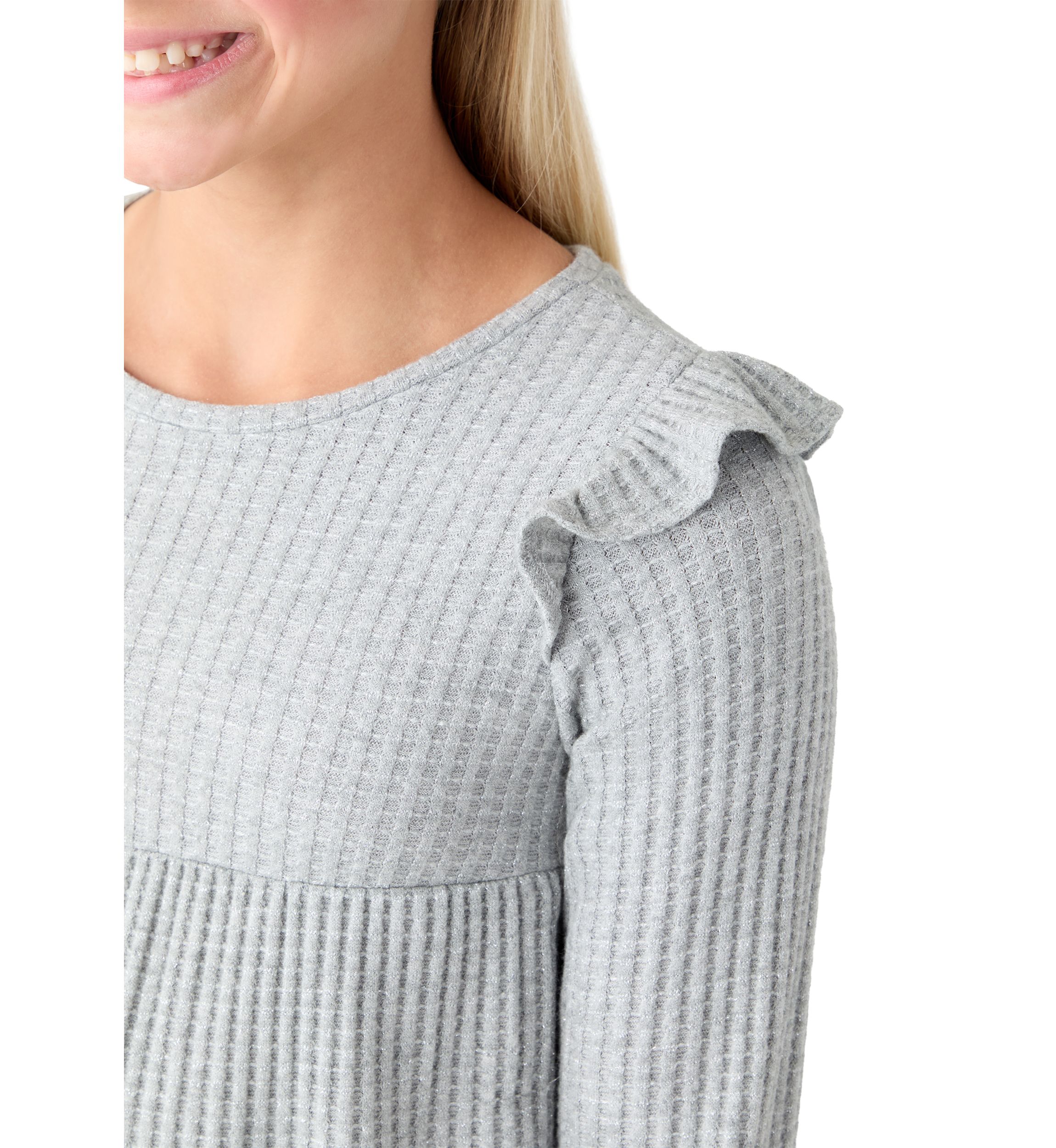 Girls 7-16 Long Sleeve Waffle T-Shirt with Ruffle Shoulders 