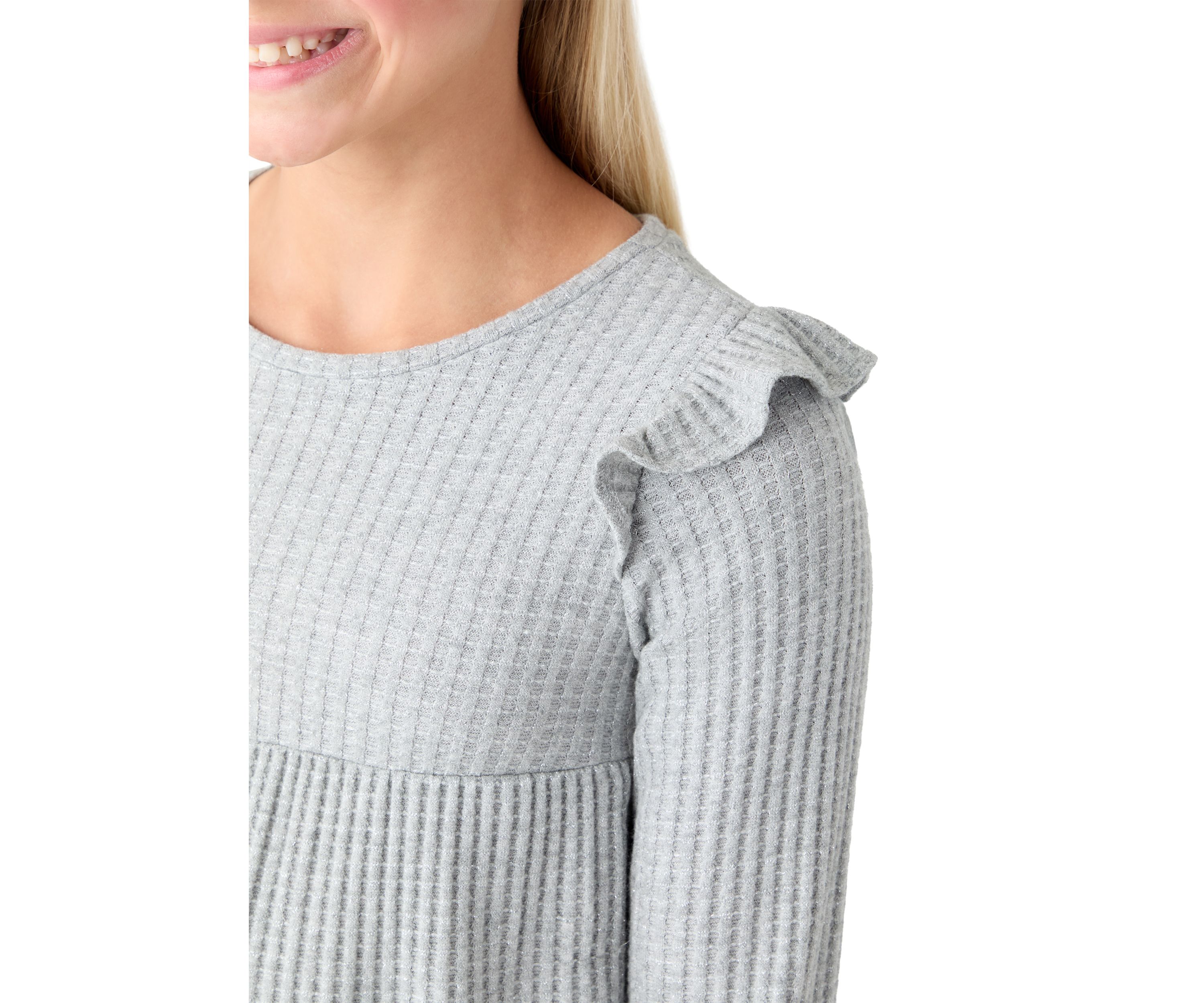 Girls 7-16 Long Sleeve Waffle T-Shirt with Ruffle Shoulders 