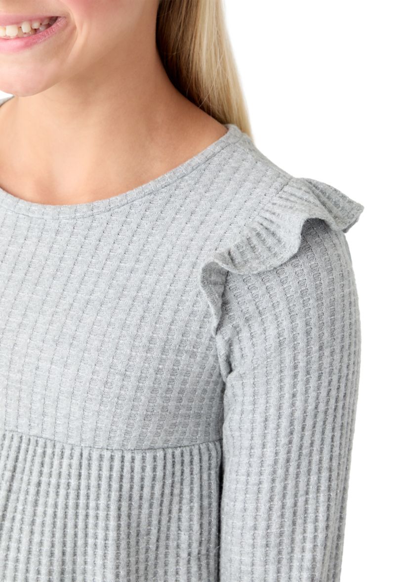 Girls 7-16 Long Sleeve Waffle T-Shirt with Ruffle Shoulders 