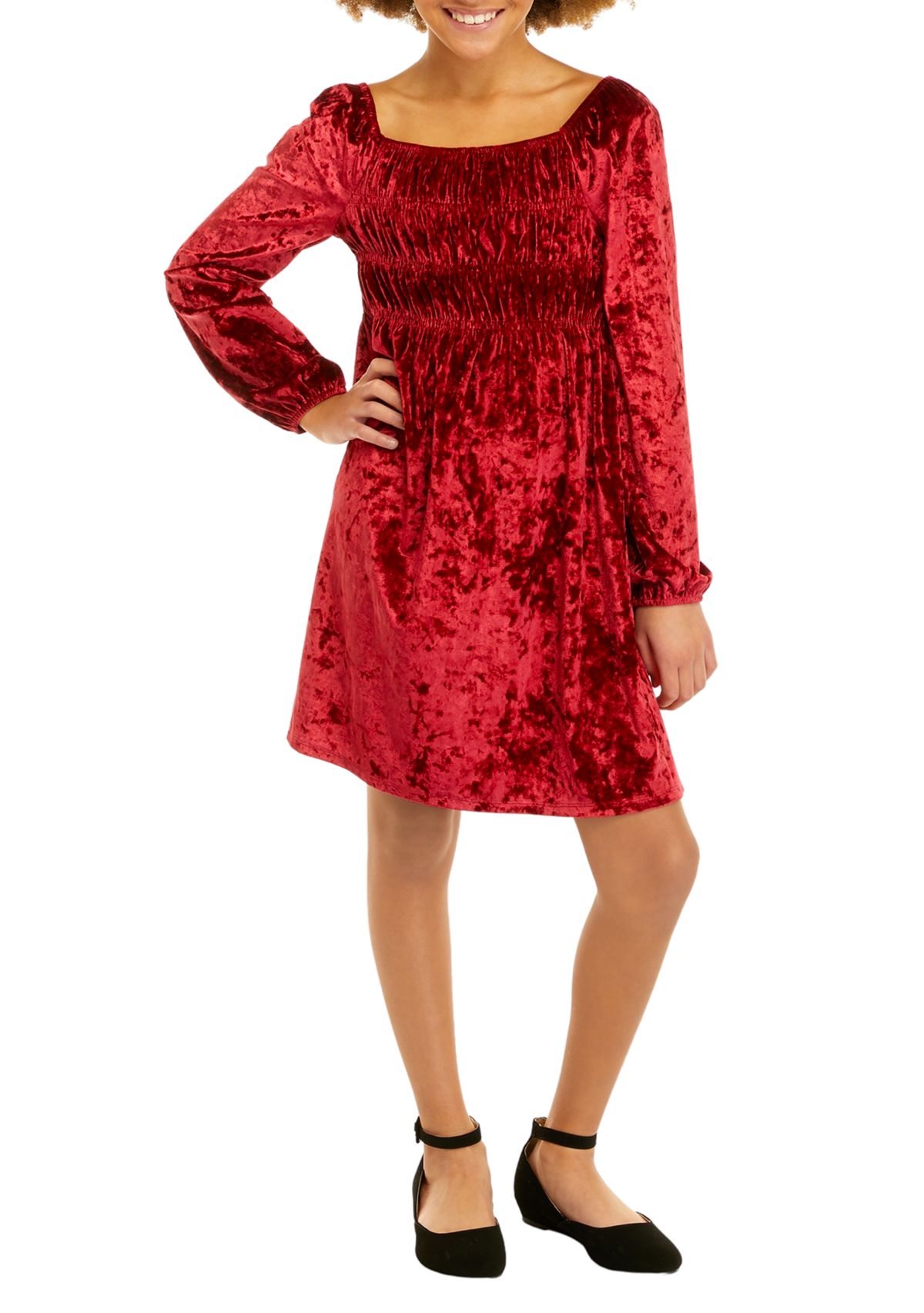 Girls 7-16 Long Sleeve Crushed Velour Dress with Barrette