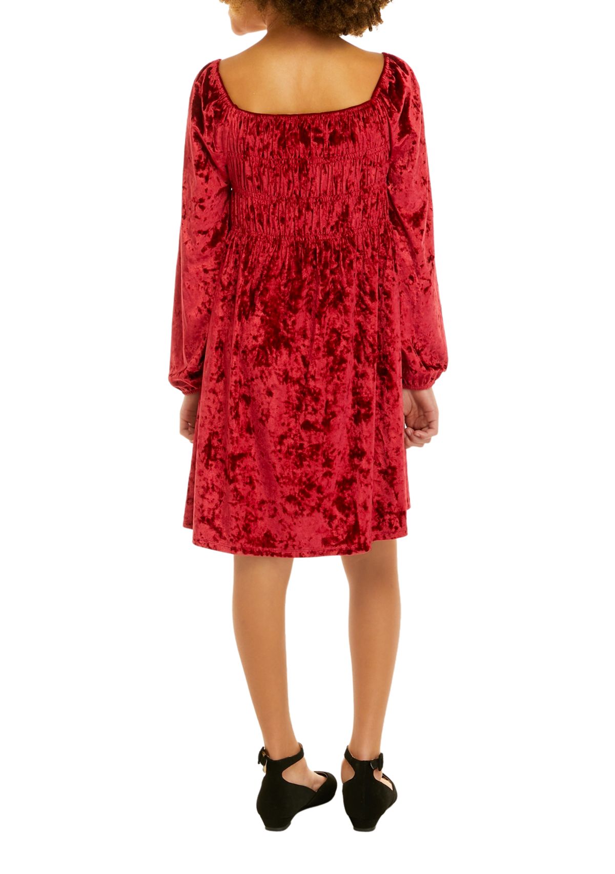 Girls 7-16 Long Sleeve Crushed Velour Dress with Barrette
