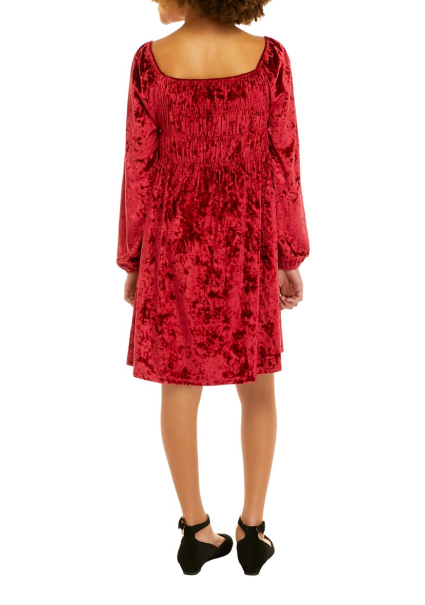 Girls 7-16 Long Sleeve Crushed Velour Dress with Barrette