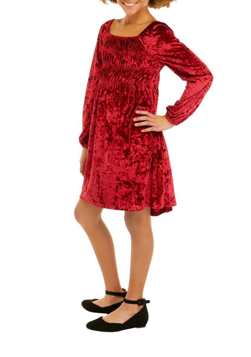 Girls 7-16 Long Sleeve Crushed Velour Dress with Barrette