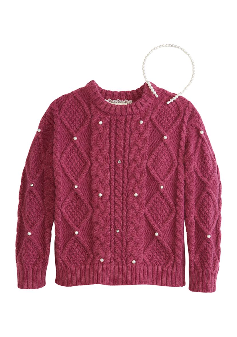 Girls 4-6x Cable Pearl Studded Sweater with Headband