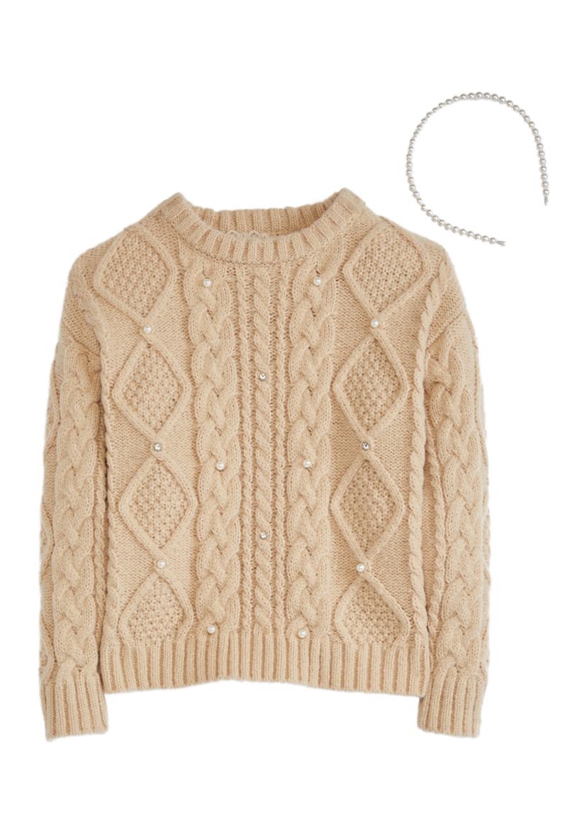 Girls 4-6x Cable Knit Pearl Studded Sweater