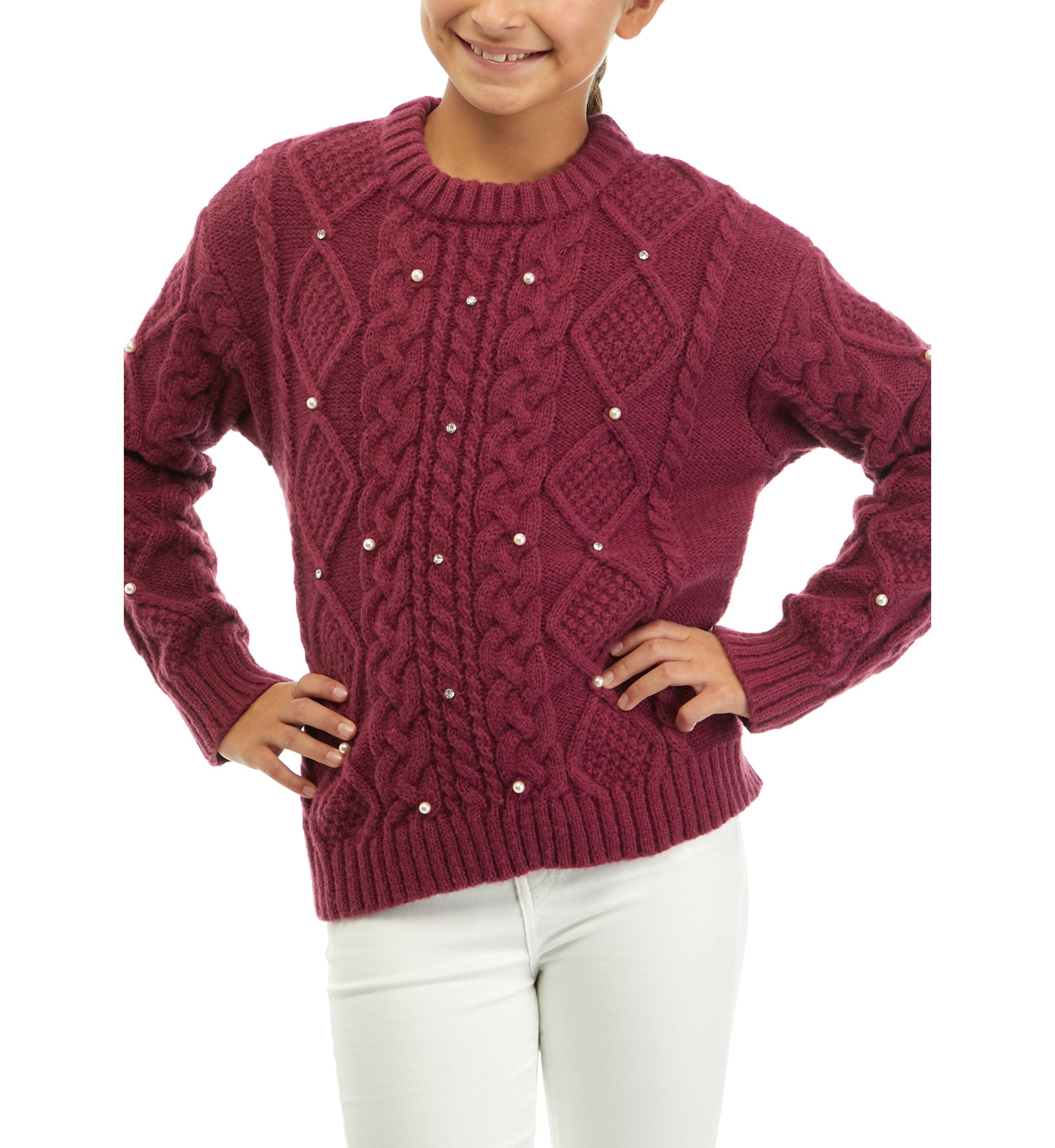 Girls 7-16 Pearl Studded Cable Knit Sweater