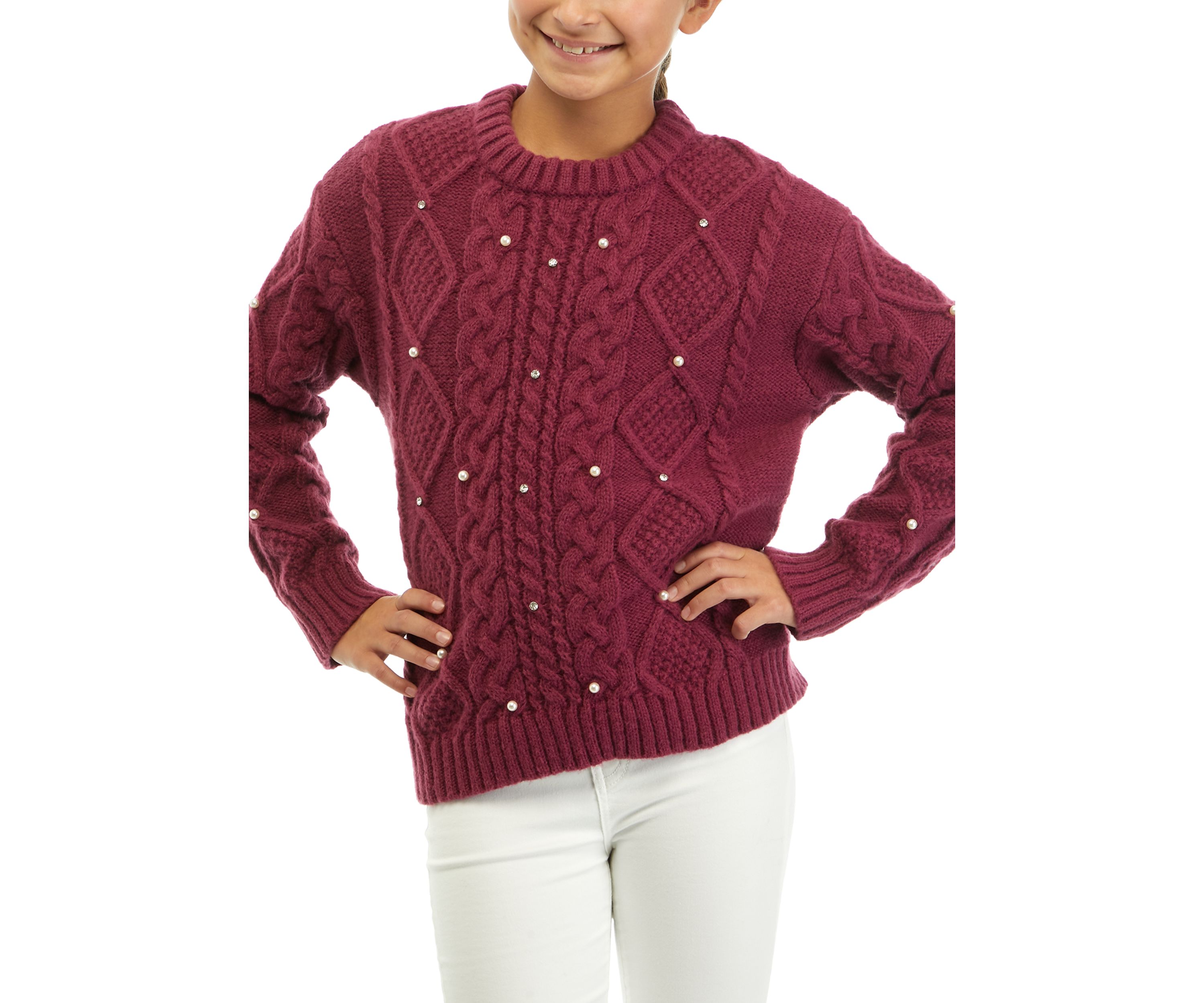 Girls 7-16 Pearl Studded Cable Knit Sweater