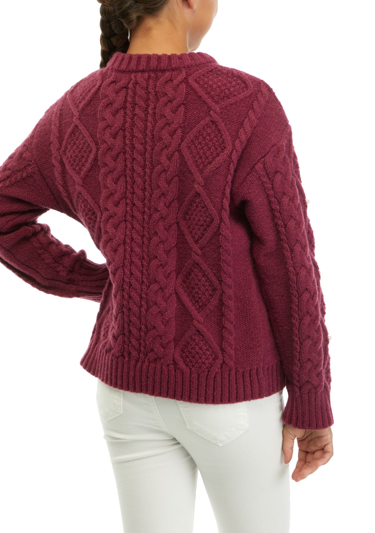Girls 7-16 Pearl Studded Cable Knit Sweater