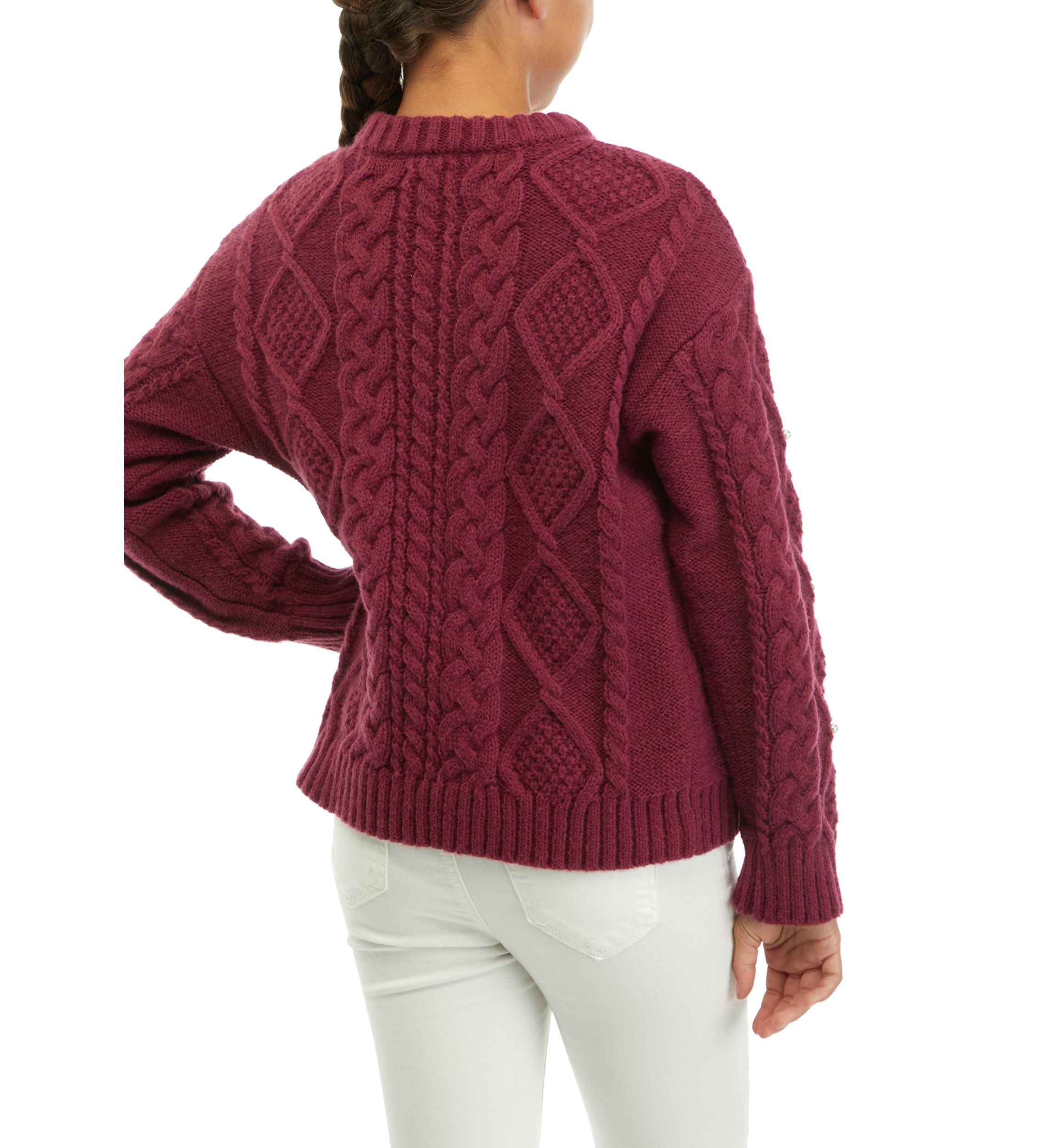 Girls 7-16 Pearl Studded Cable Knit Sweater
