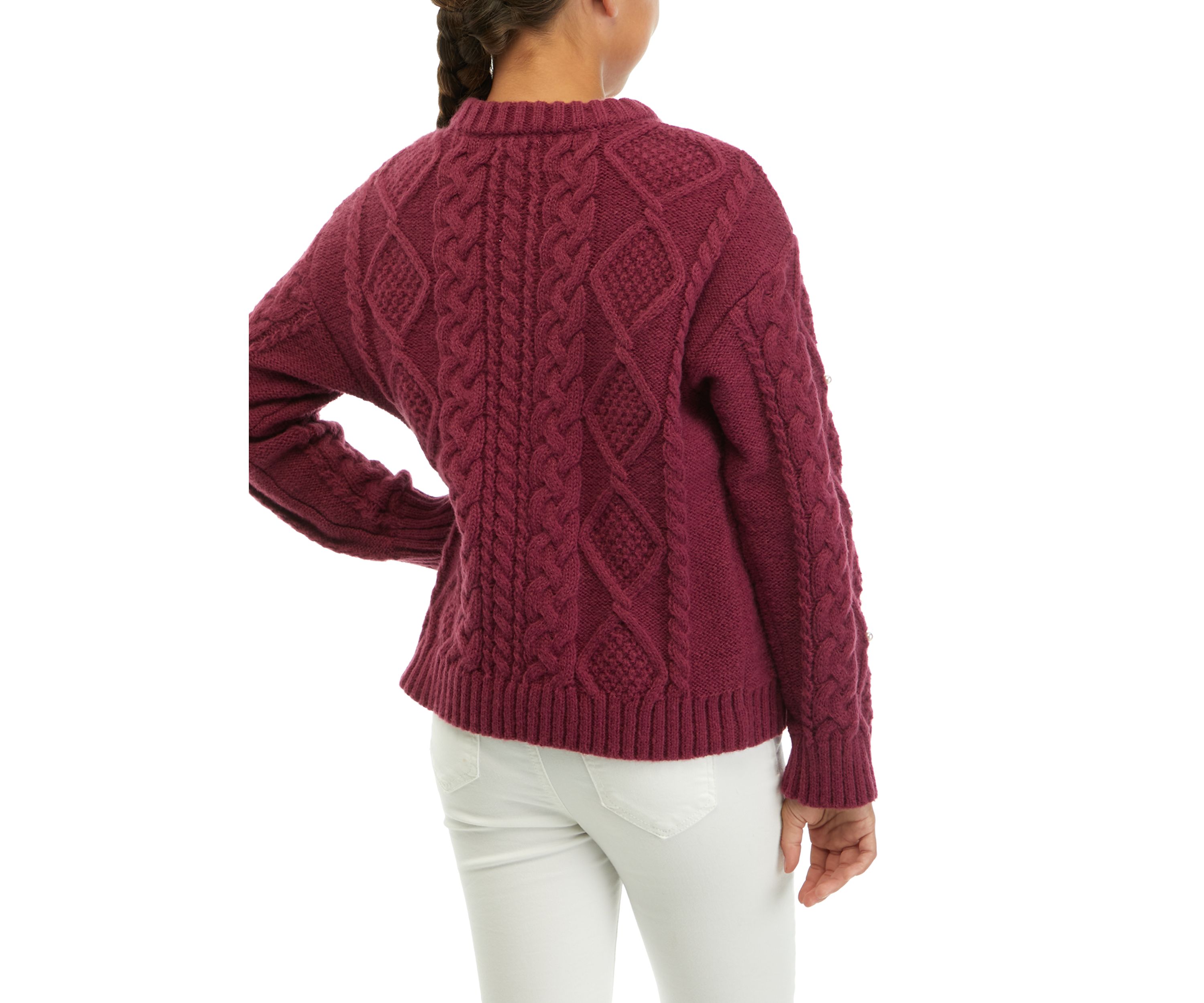 Girls 7-16 Pearl Studded Cable Knit Sweater