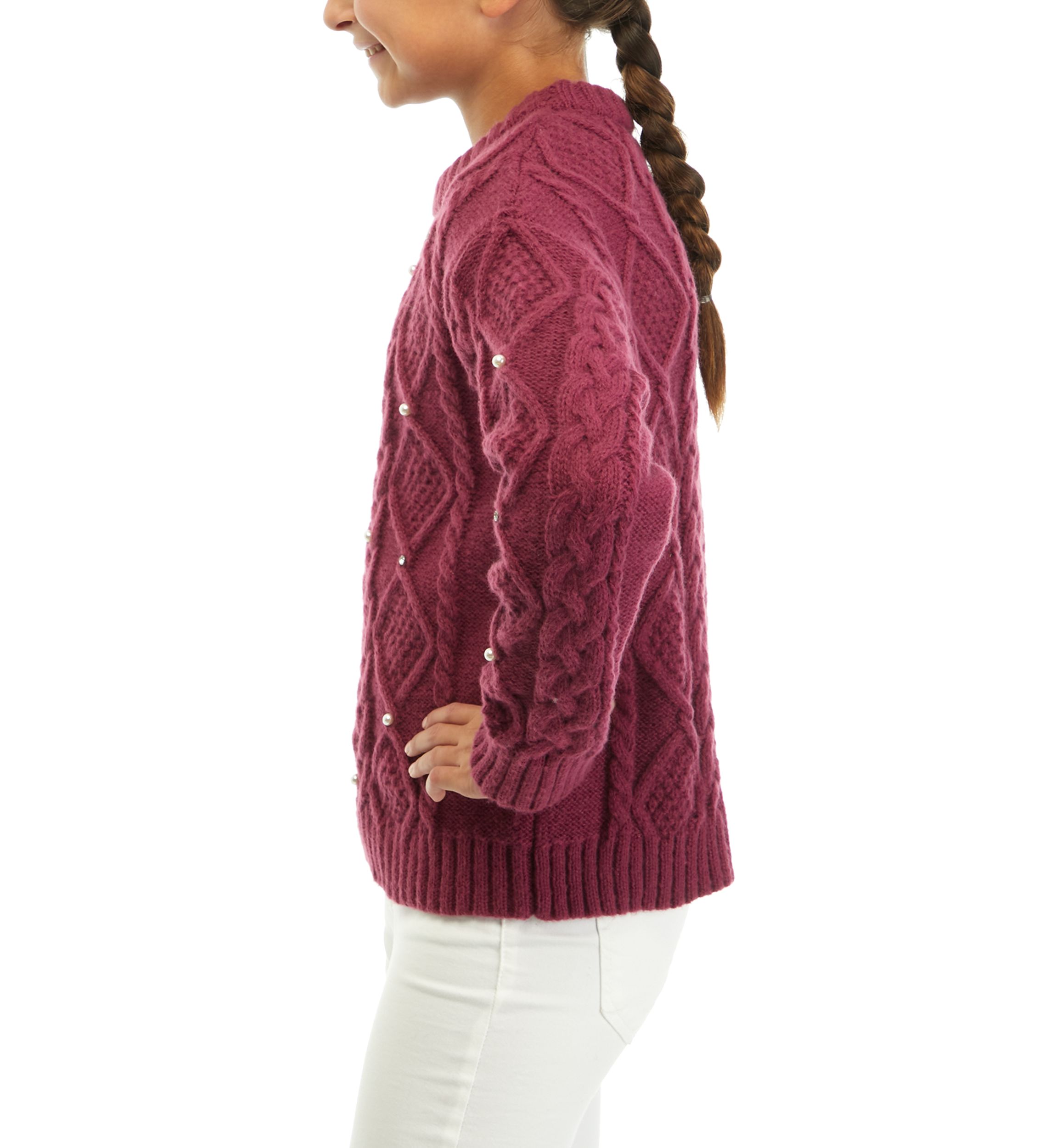 Girls 7-16 Pearl Studded Cable Knit Sweater