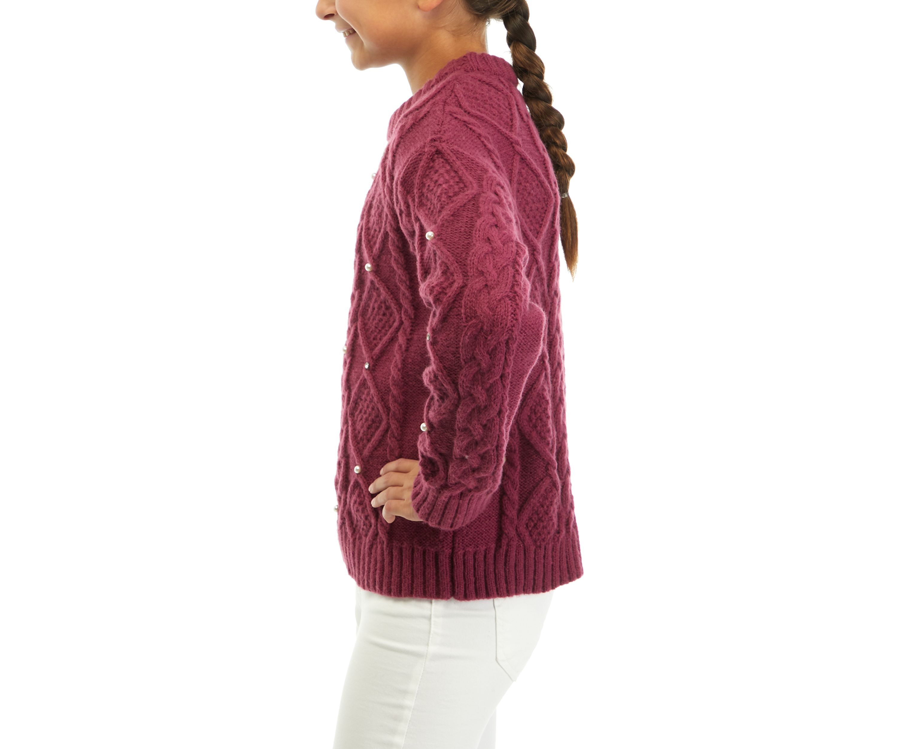 Girls 7-16 Pearl Studded Cable Knit Sweater