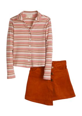 Girls 7-16 Long Sleeve Striped Ribbed Polo Shirt and Skirt Set