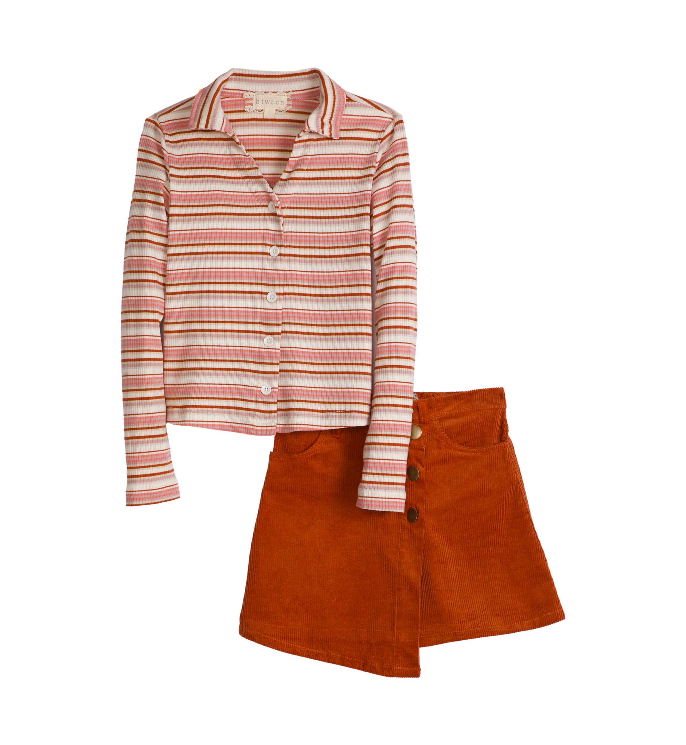 Girls 7-16 Long Sleeve Striped Ribbed Polo Shirt and Skirt Set