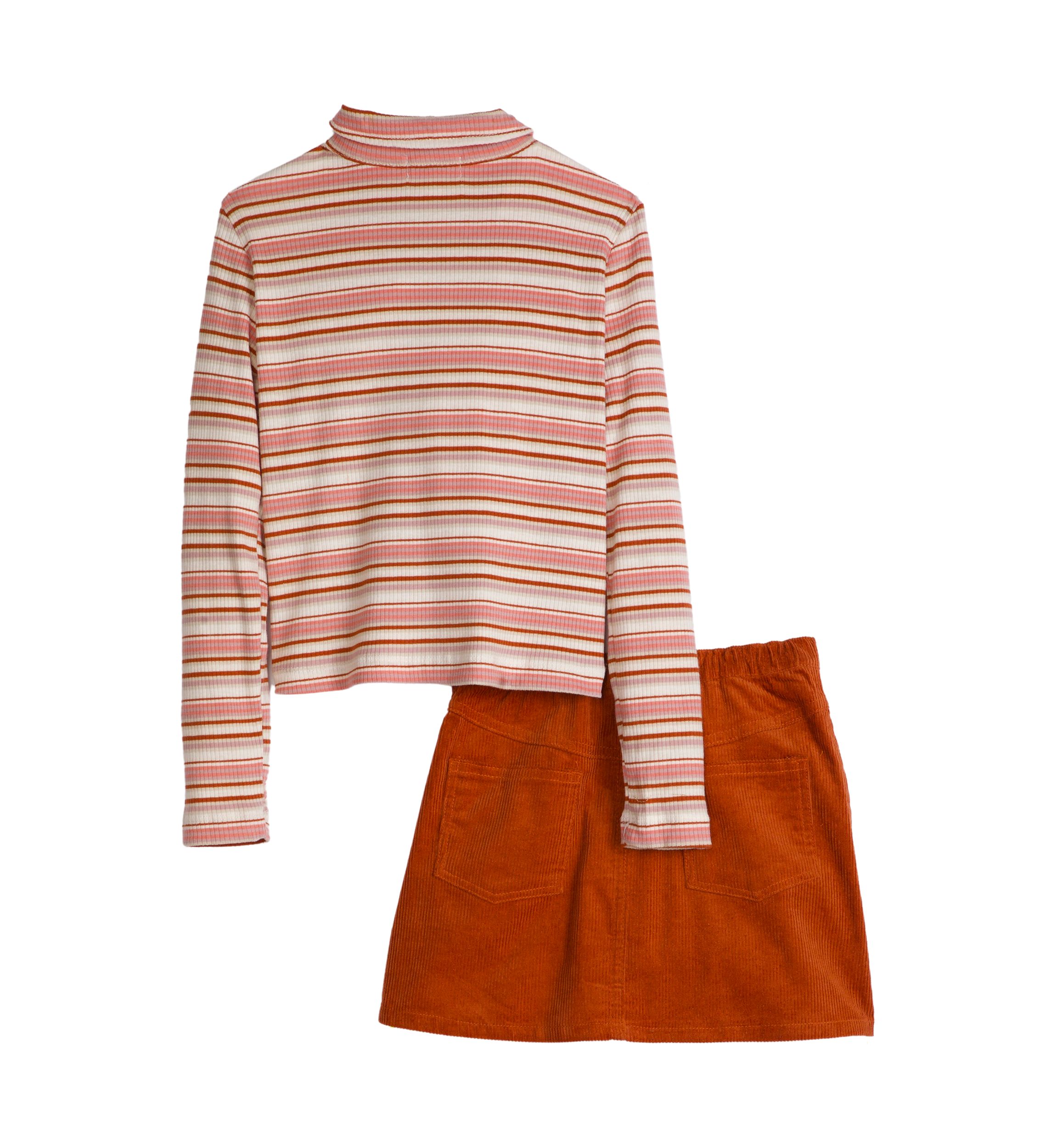 Girls 7-16 Long Sleeve Striped Ribbed Polo Shirt and Skirt Set