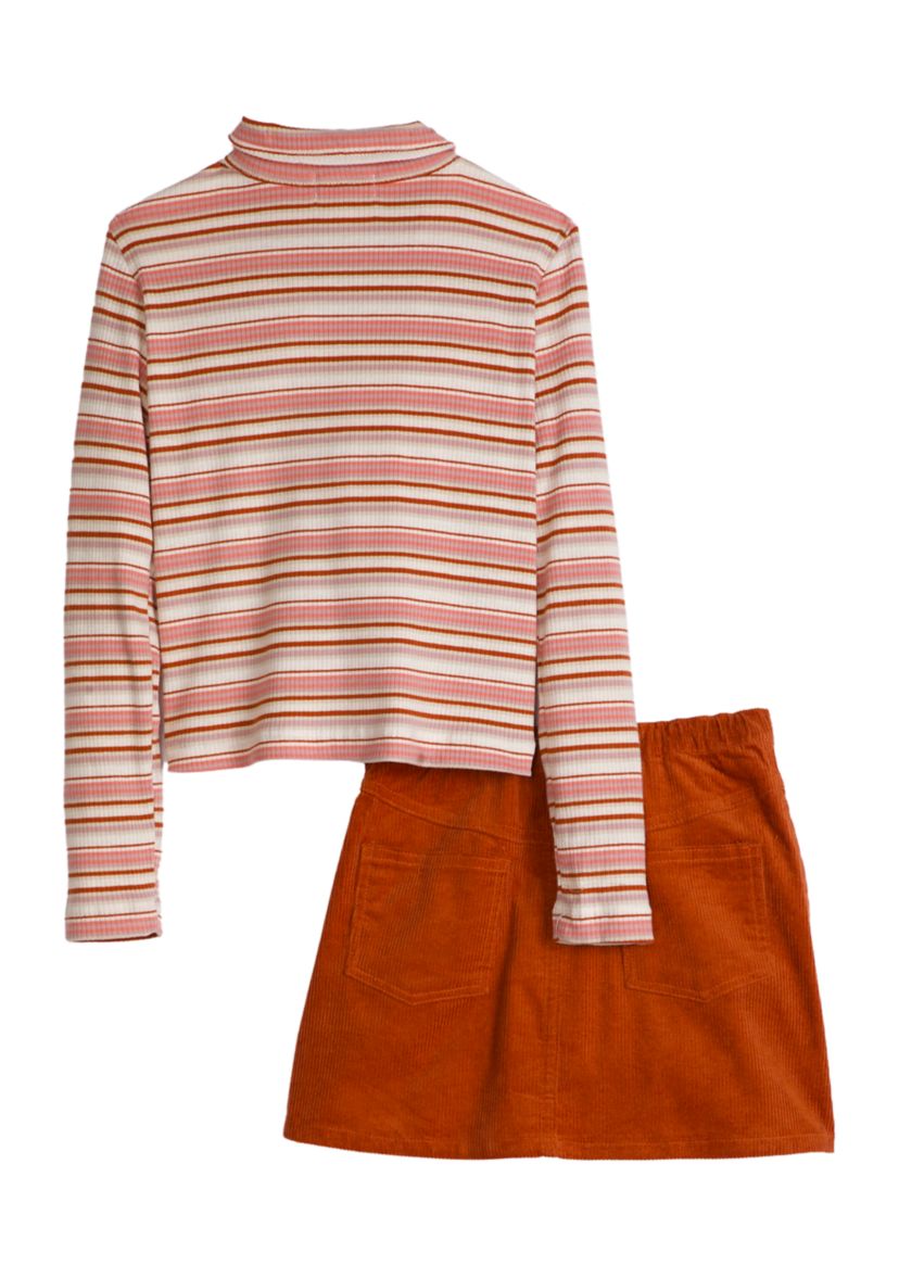 Girls 7-16 Long Sleeve Striped Ribbed Polo Shirt and Skirt Set