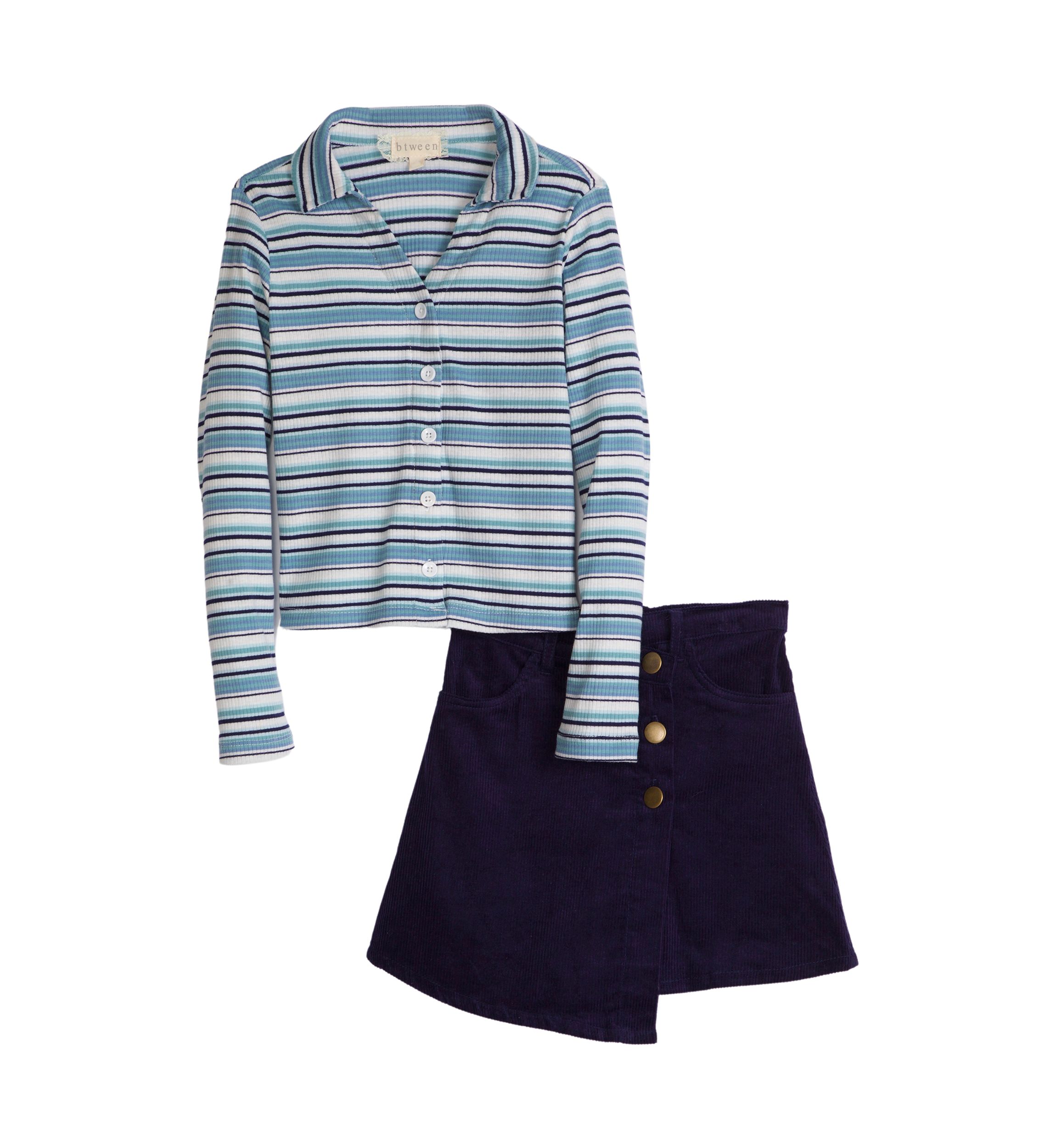 Girls 7-16 Long Sleeve Striped Ribbed Polo Shirt and Skirt Set 