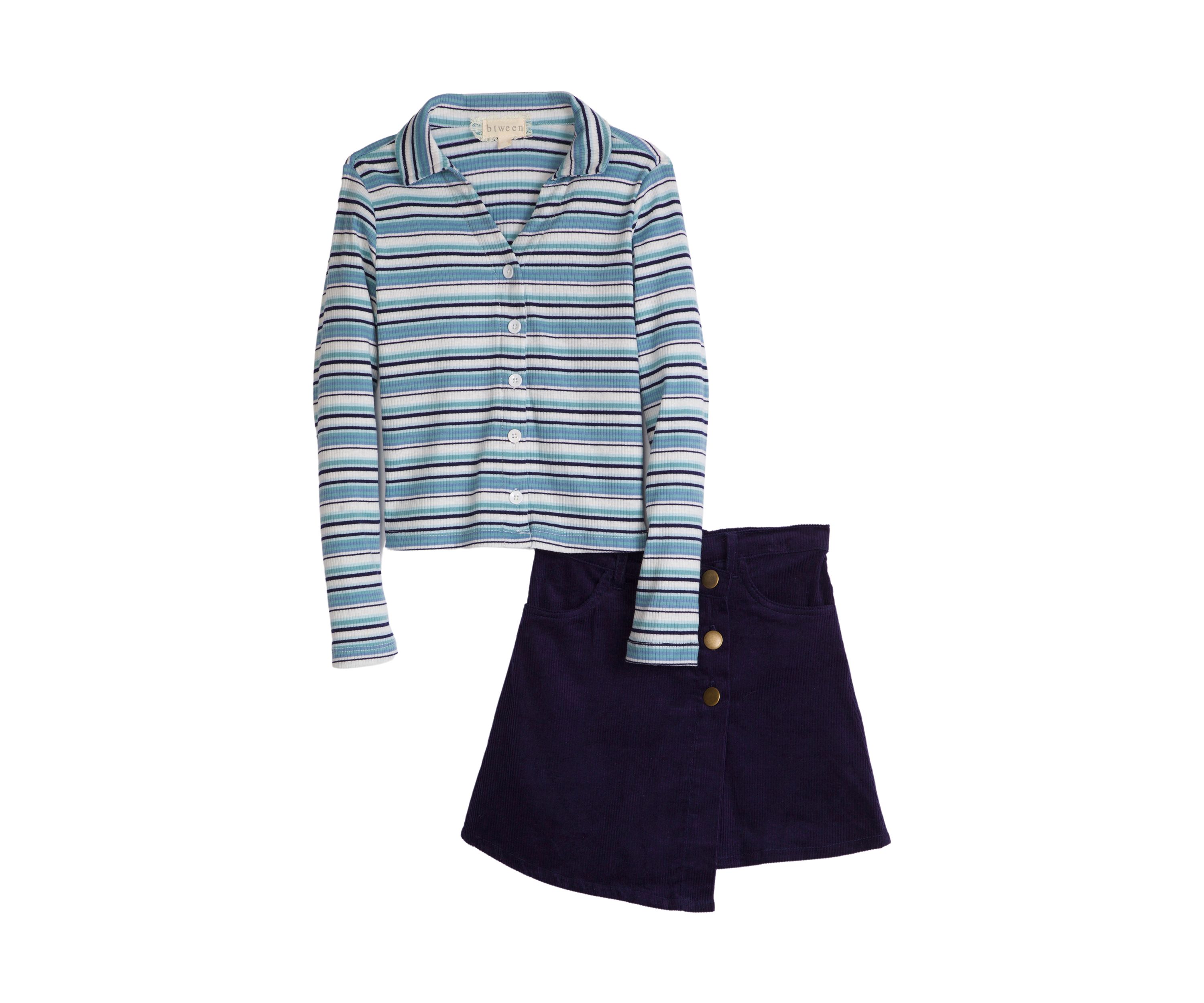 Girls 7-16 Long Sleeve Striped Ribbed Polo Shirt and Skirt Set 