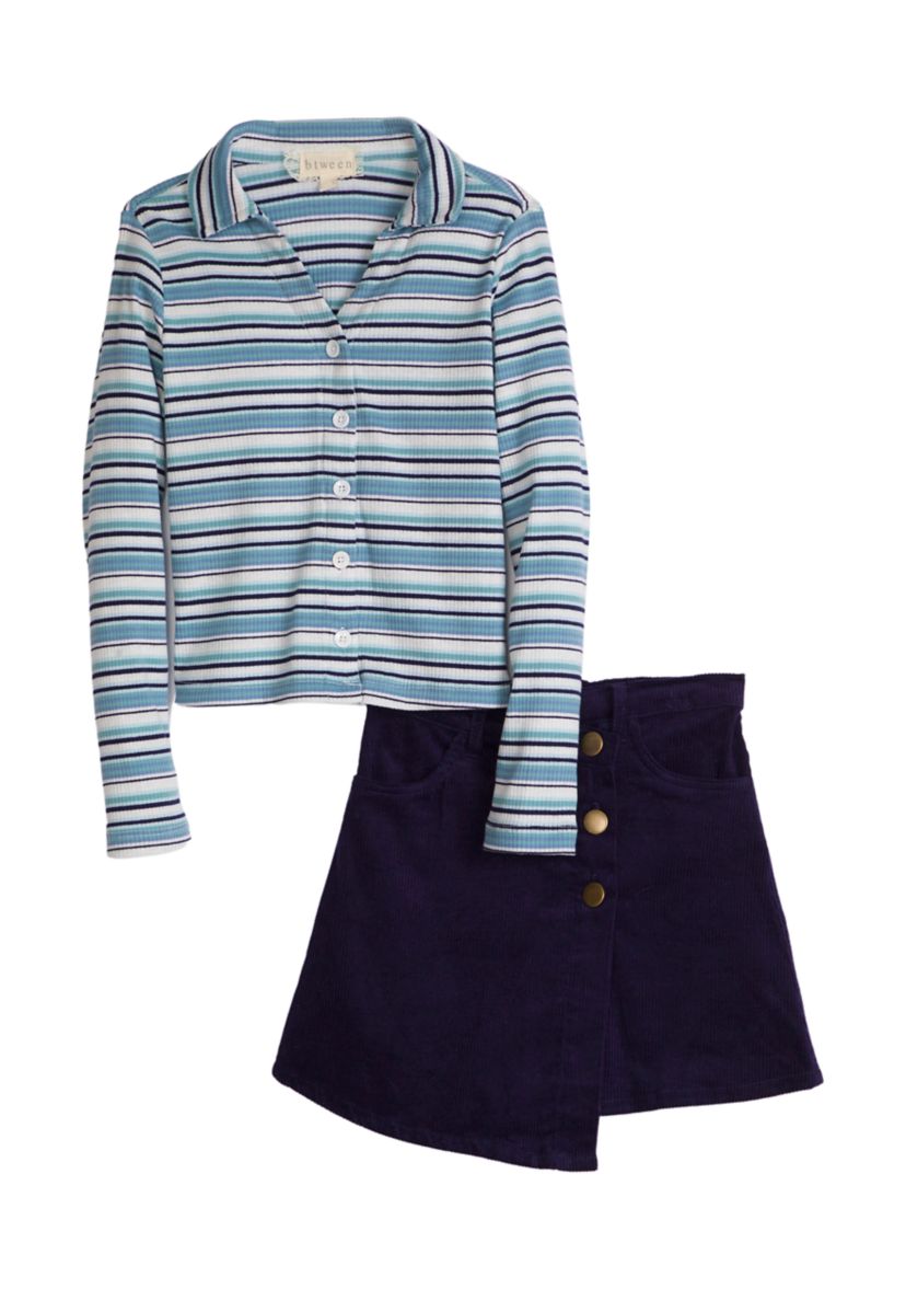 Girls 7-16 Long Sleeve Striped Ribbed Polo Shirt and Skirt Set 