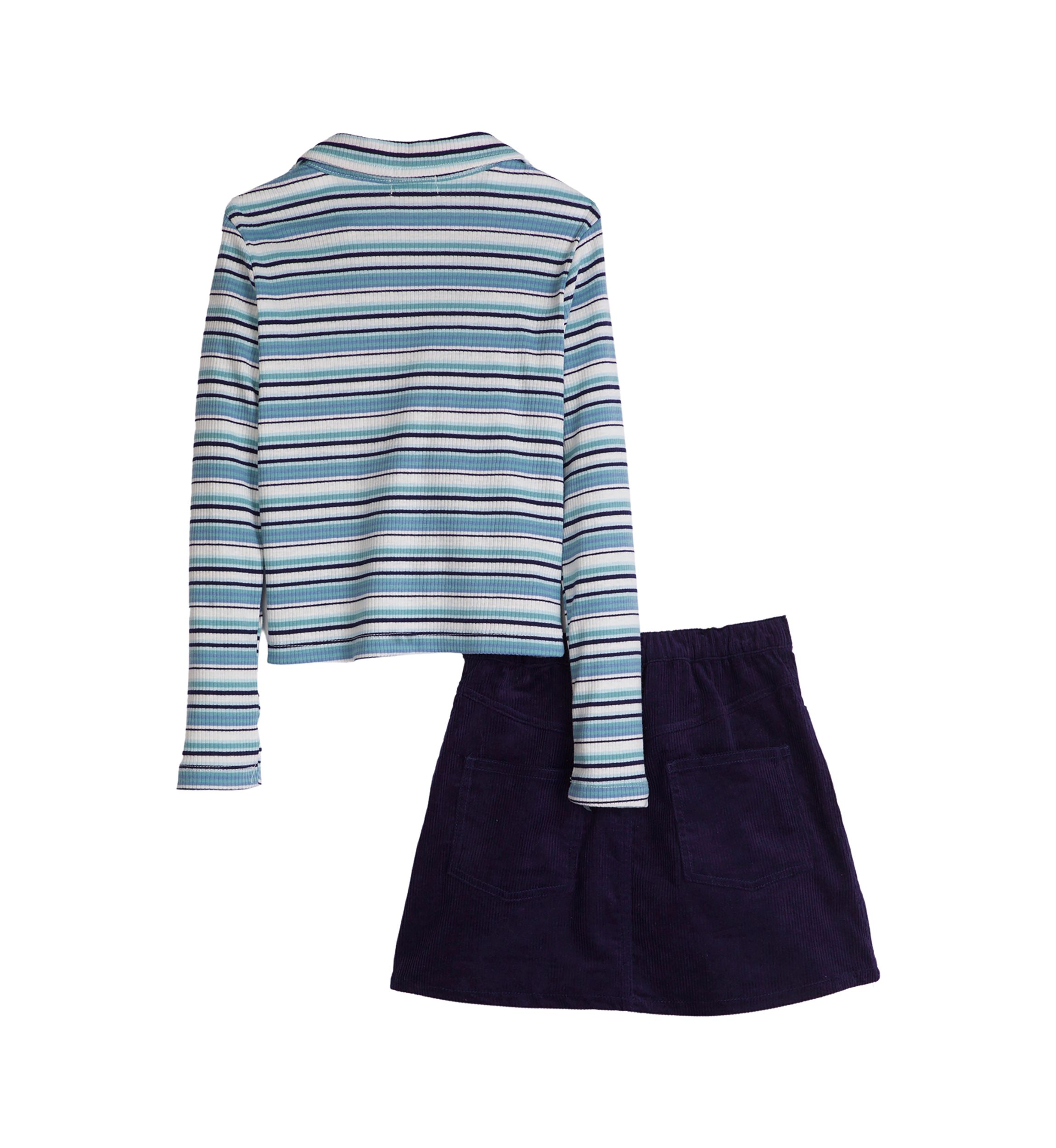 Girls 7-16 Long Sleeve Striped Ribbed Polo Shirt and Skirt Set 