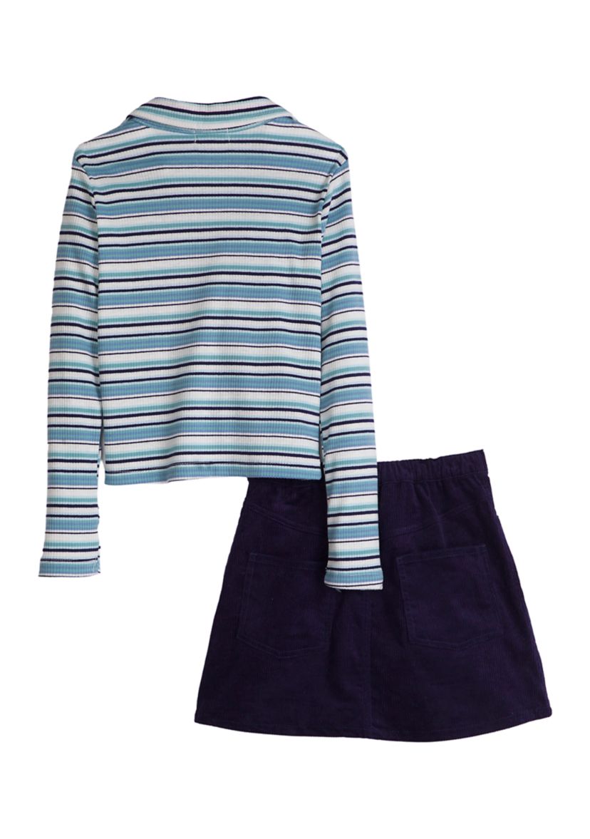 Girls 7-16 Long Sleeve Striped Ribbed Polo Shirt and Skirt Set 