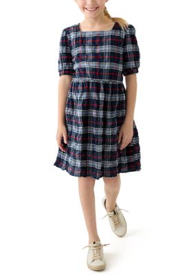 Tommy Hilfiger Girls 7-16 Printed Seersucker Puff Sleeve Dress, Navy Blue