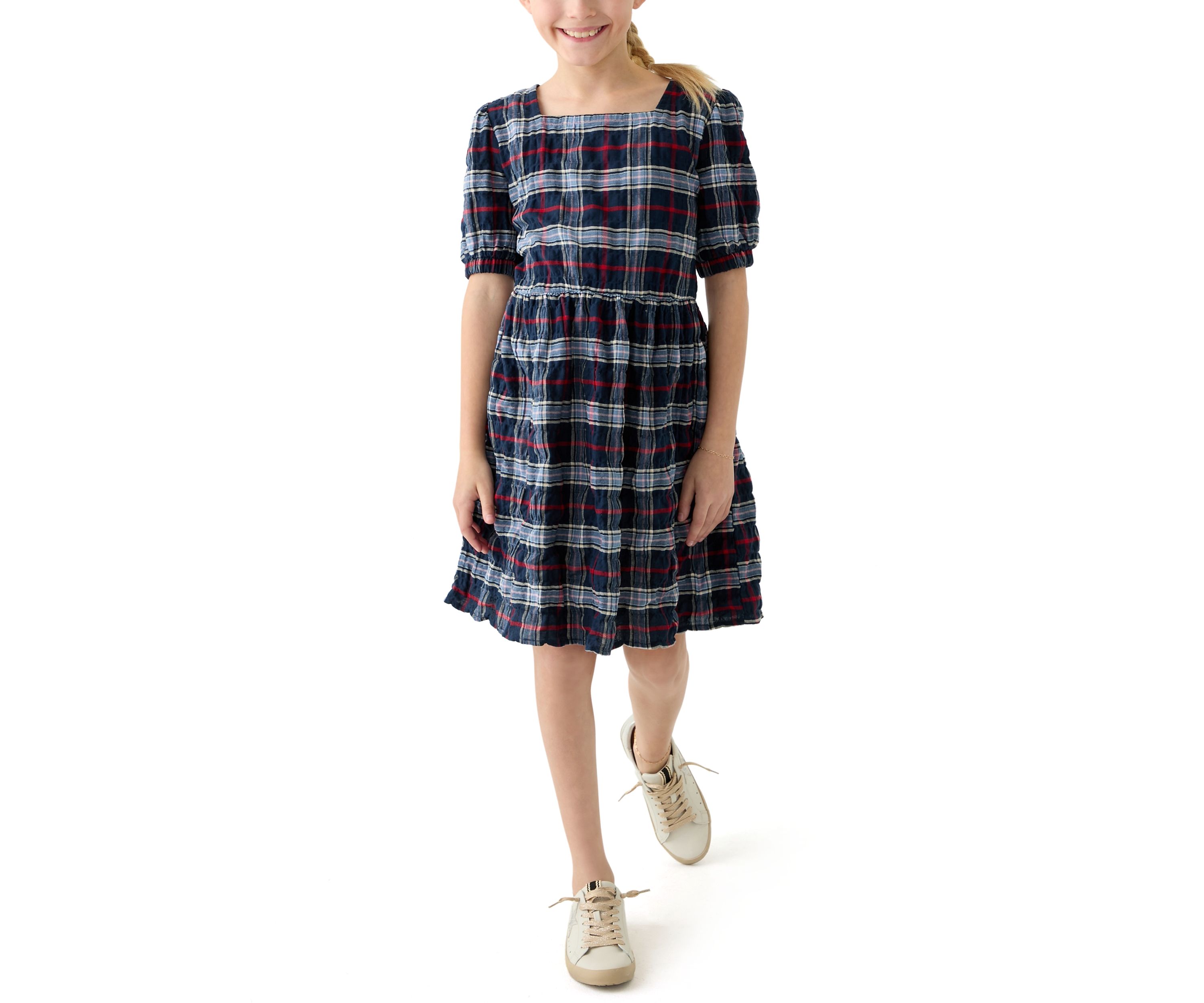 Girls 7-16 Printed Seersucker Puff Sleeve Dress