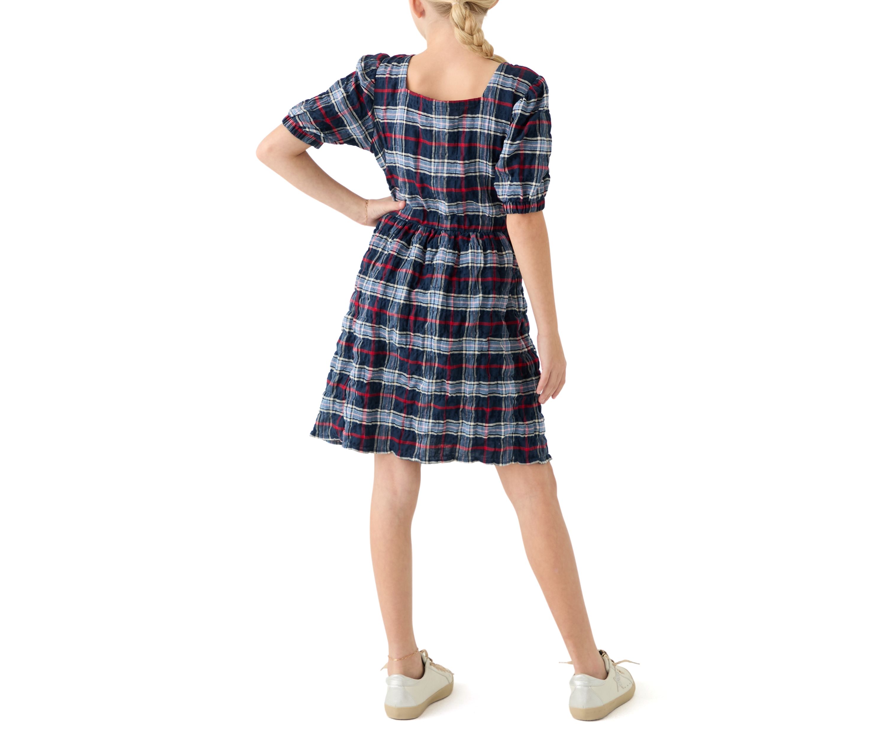 Girls 7-16 Printed Seersucker Puff Sleeve Dress