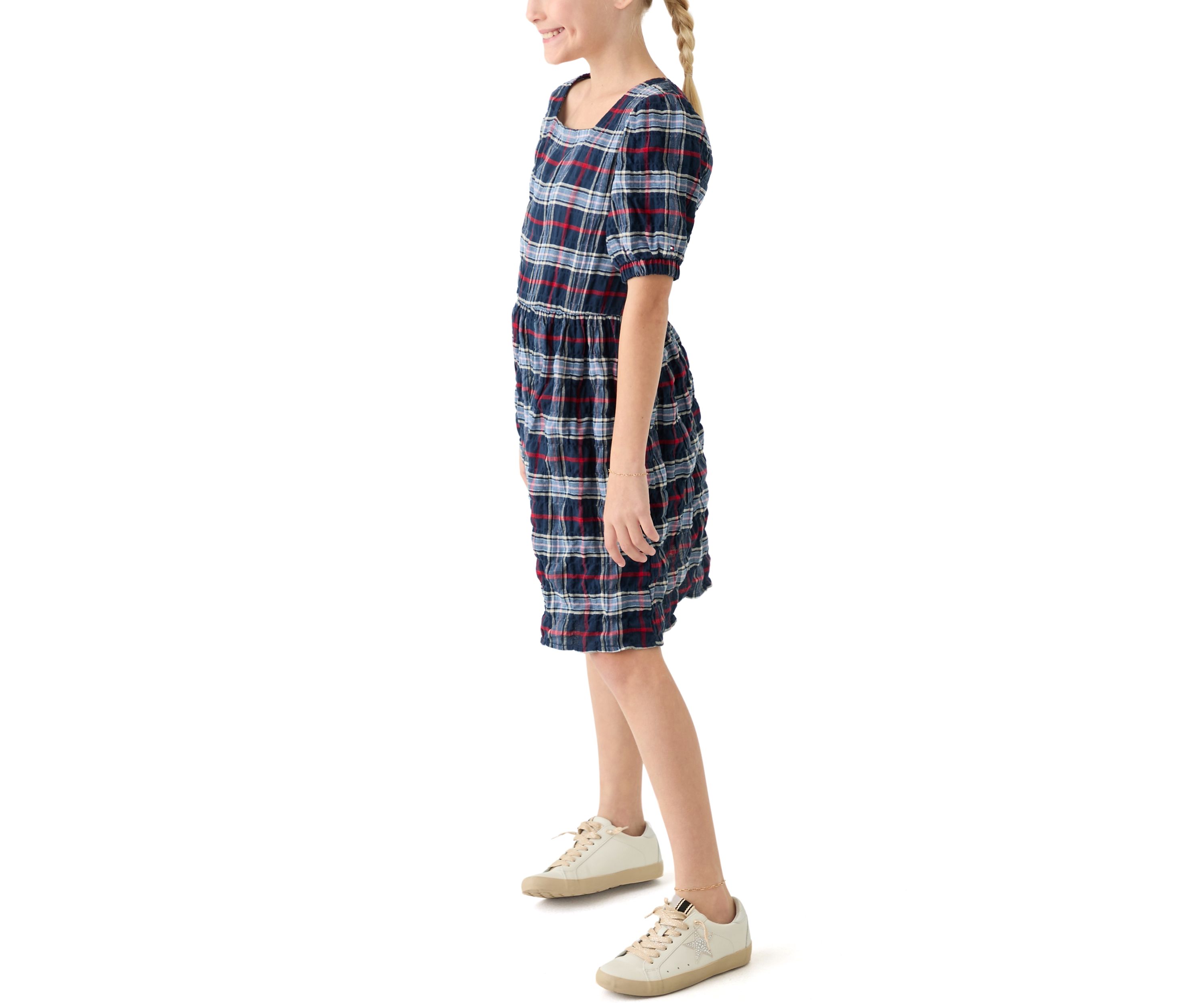 Girls 7-16 Printed Seersucker Puff Sleeve Dress