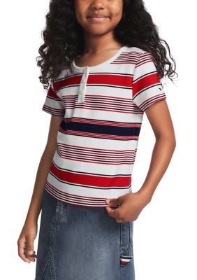 Tommy Hilfiger Girls 7-16 Stripped Ribbed Henley Top, White