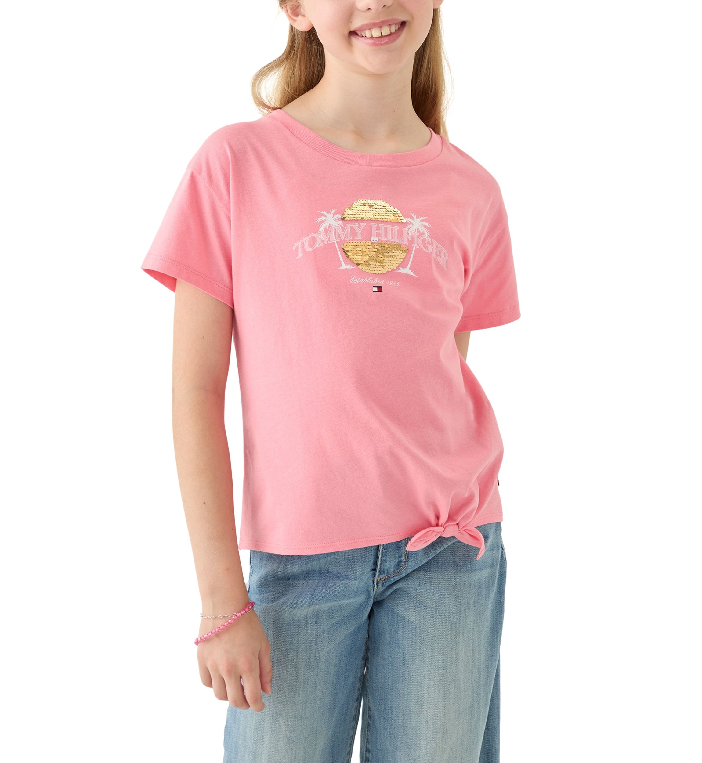 Girls 7-16 Palm Sequin Side Tie Short Sleeve T-Shirt