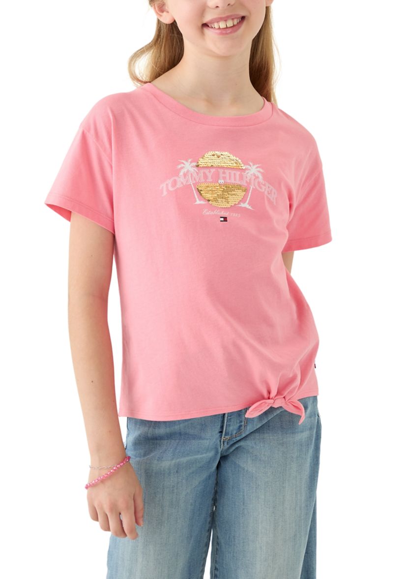 Girls 7-16 Palm Sequin Side Tie Short Sleeve T-Shirt