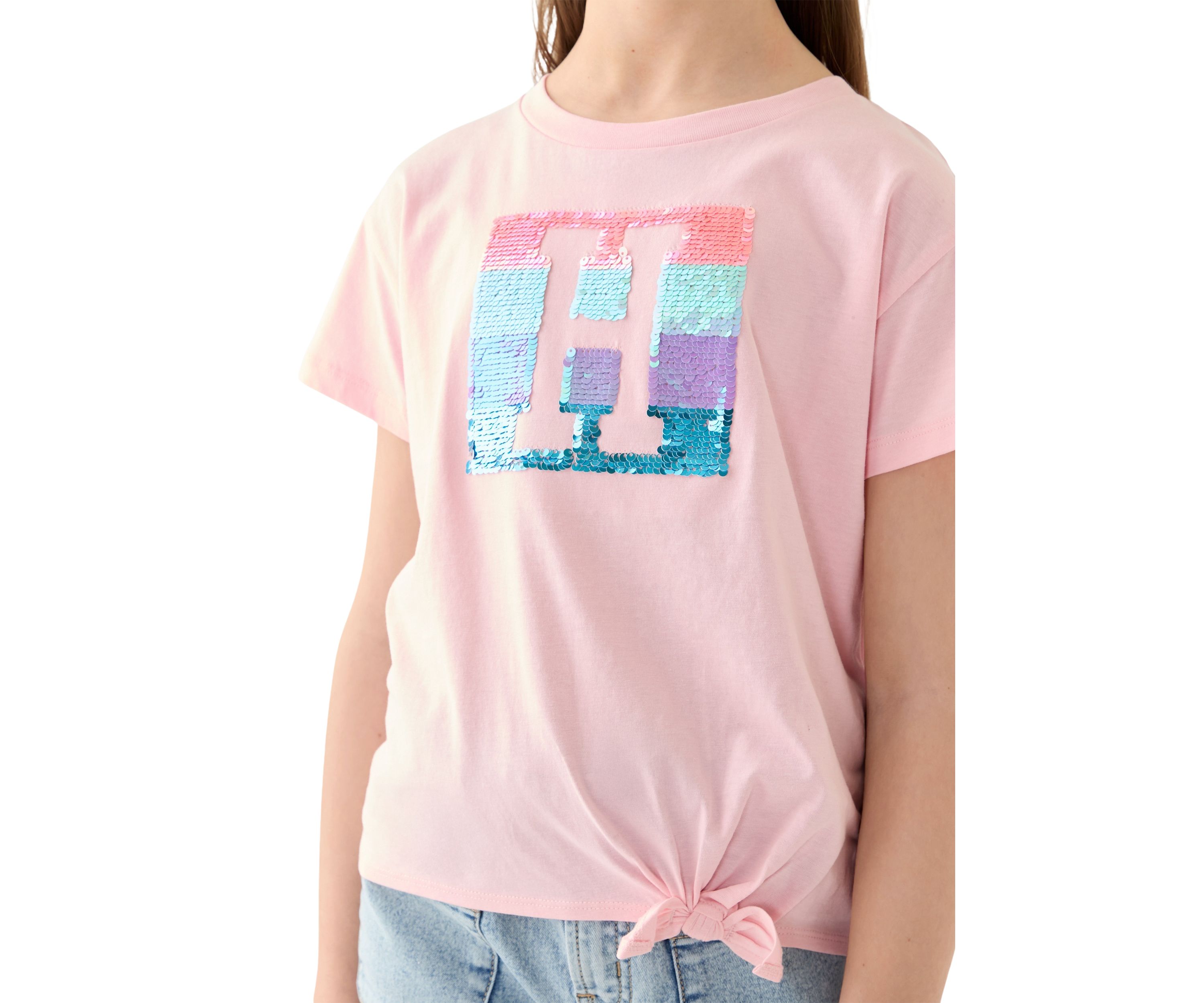 Girls 7-16 Sequin Side Tie Short Sleeve T-Shirt