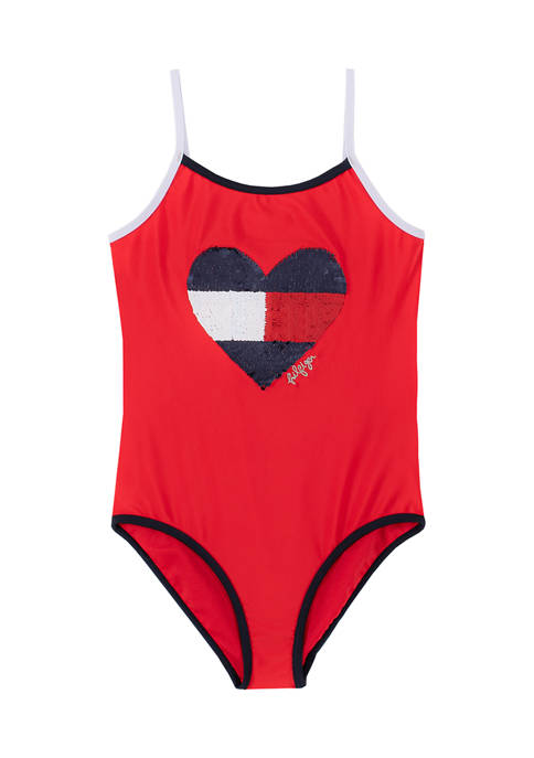 Girls 7-16 Sequin with Contrast Binding Logo One Piece Swimsuit 