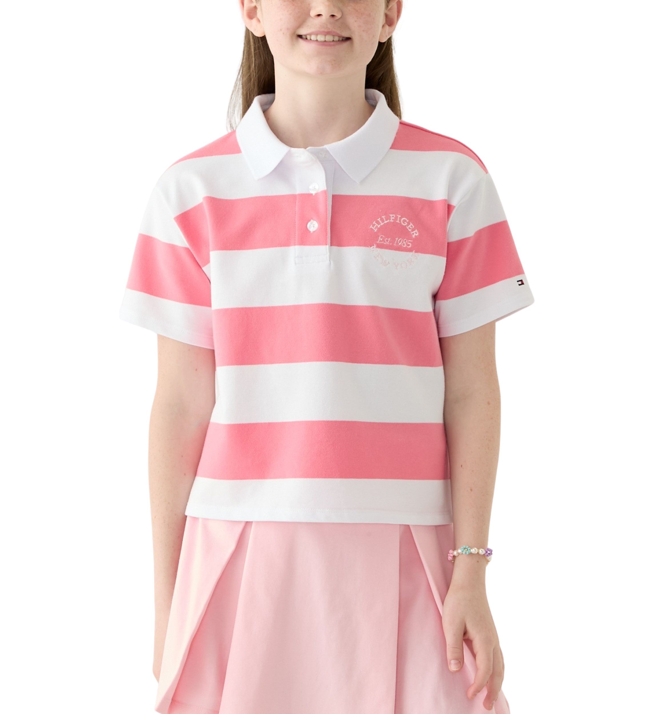 Girls 7-16 Yarn Dyed Stripe Short Sleeve Polo Top